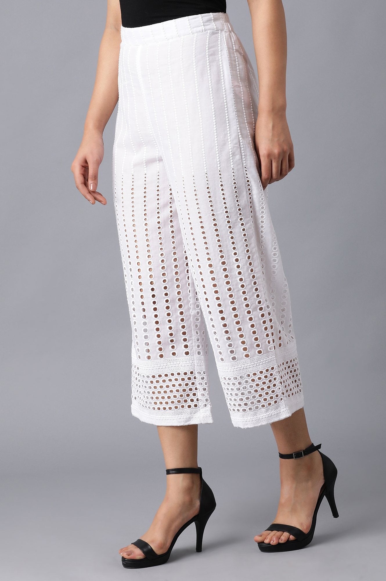 White Solid Wide Leg Cotton Culottes With Embroidered Eyelet Detail