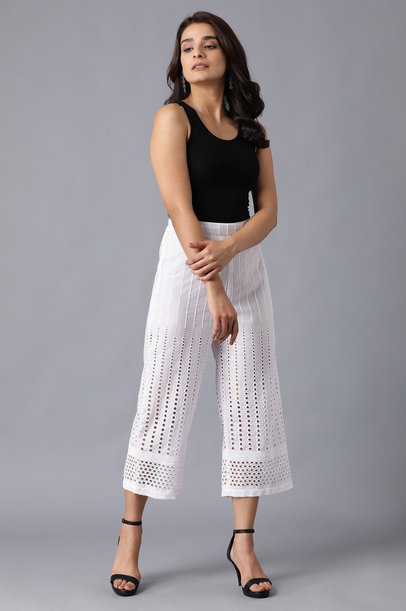 White Solid Wide Leg Cotton Culottes With Embroidered Eyelet Detail
