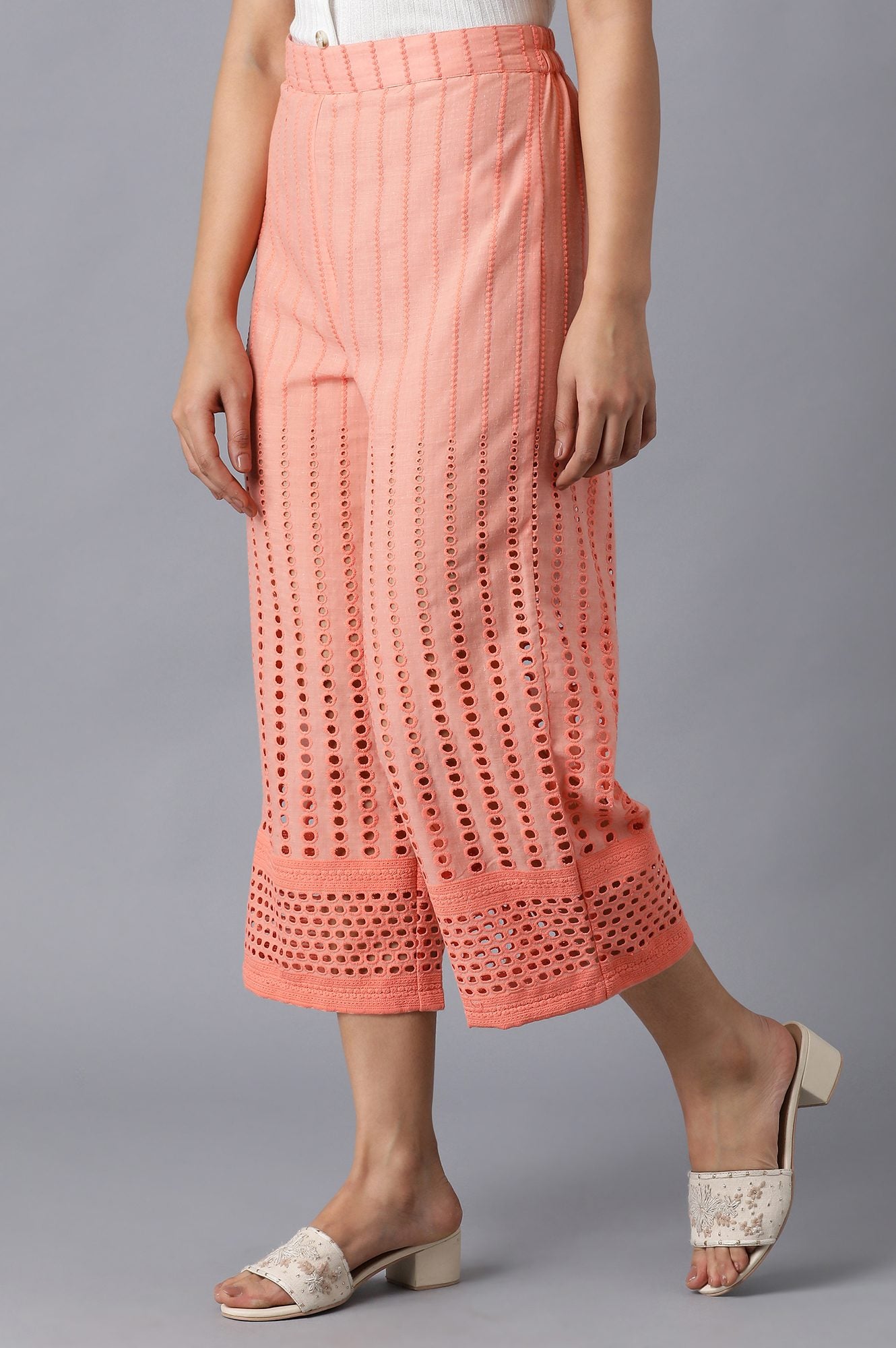 Peach Solid Straight Fit Cotton Culottes With Embroidered Detailing