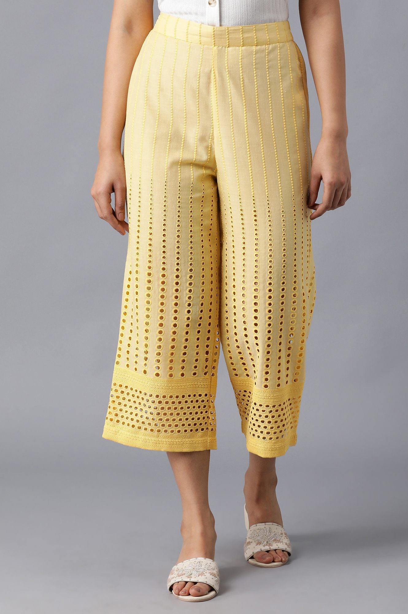 Yellow Embroidered Wide Leg Cotton Culottes With Eyelet Detail