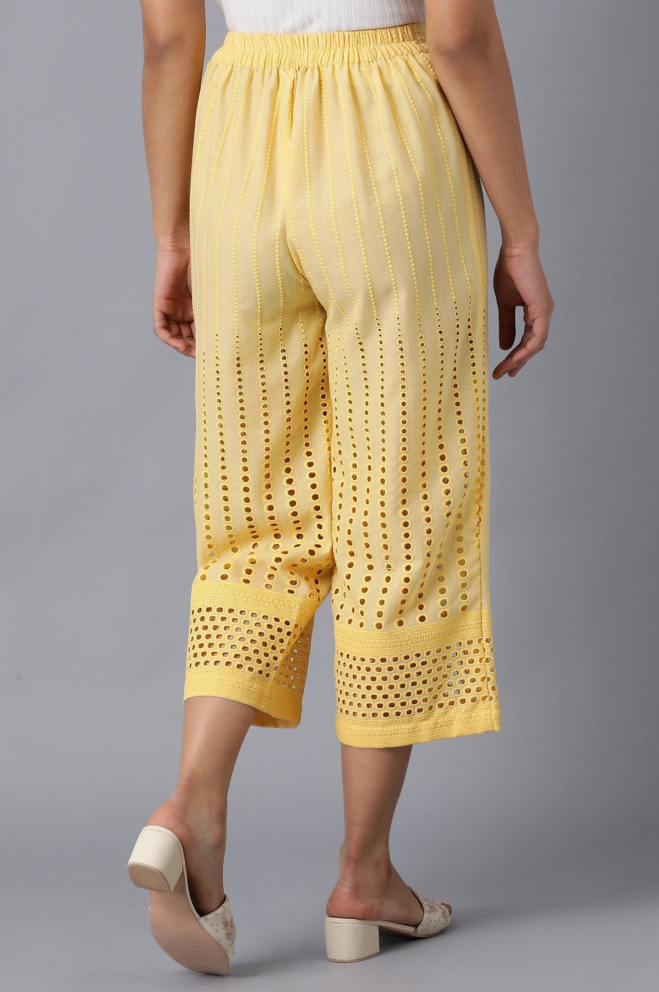 Yellow Embroidered Wide Leg Cotton Culottes With Eyelet Detail