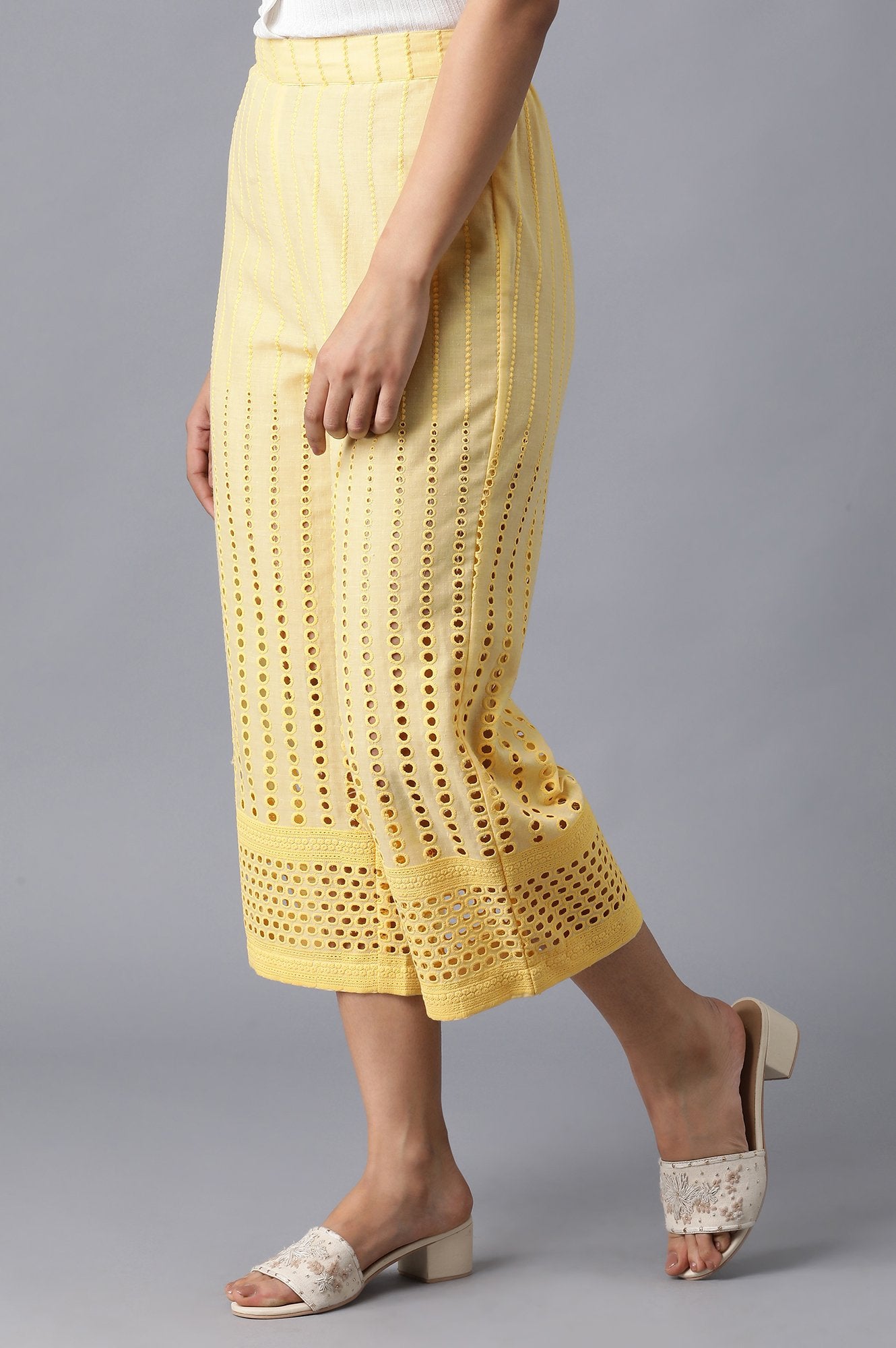 Yellow Embroidered Wide Leg Cotton Culottes With Eyelet Detail