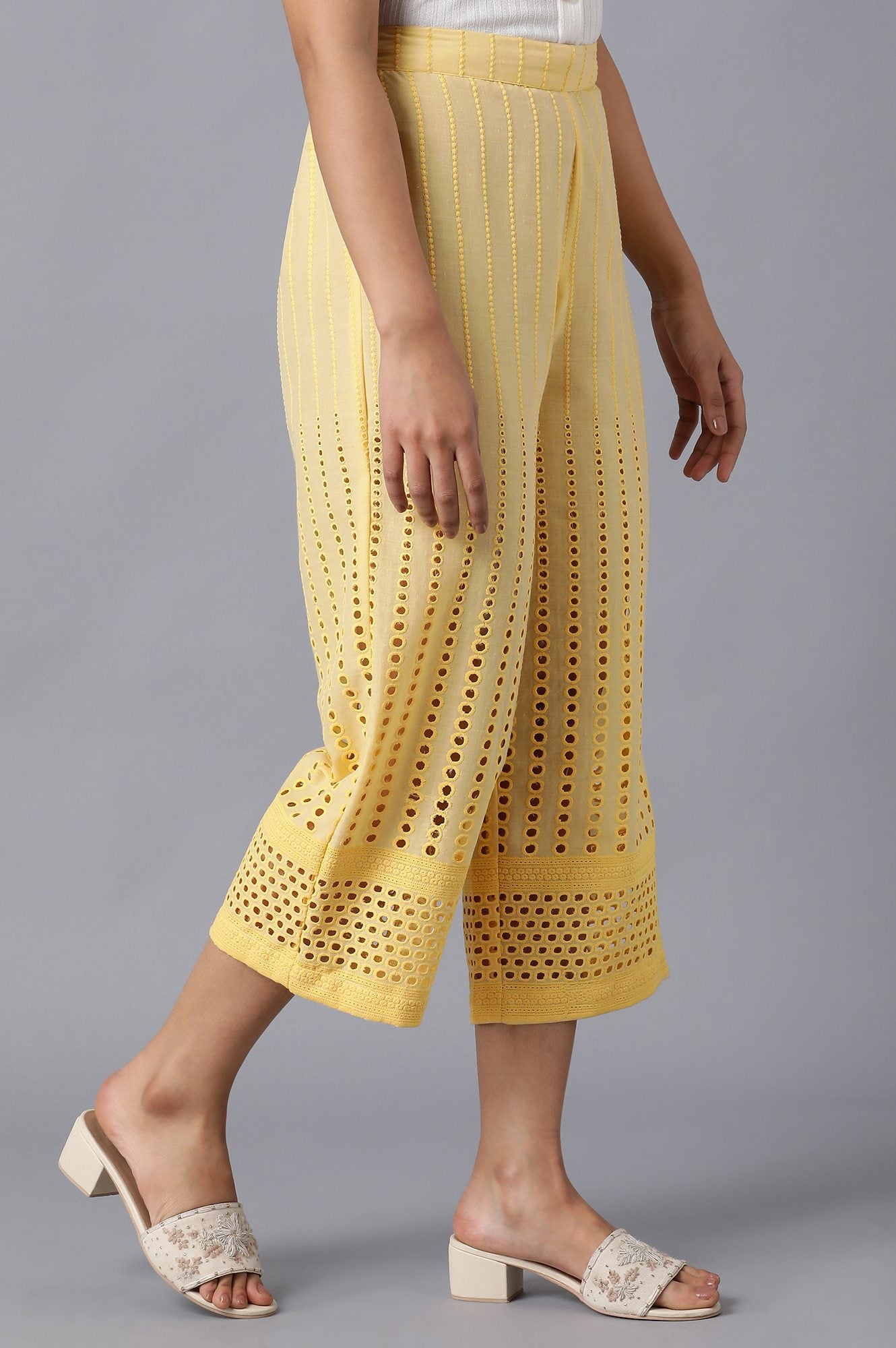 Yellow Embroidered Wide Leg Cotton Culottes With Eyelet Detail