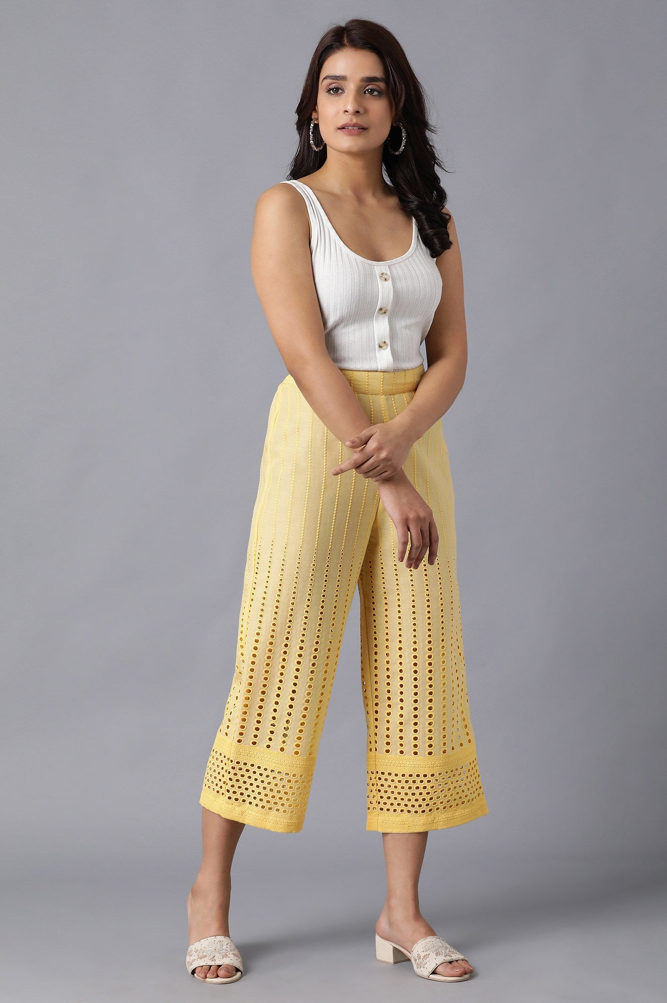 Yellow Embroidered Wide Leg Cotton Culottes With Eyelet Detail