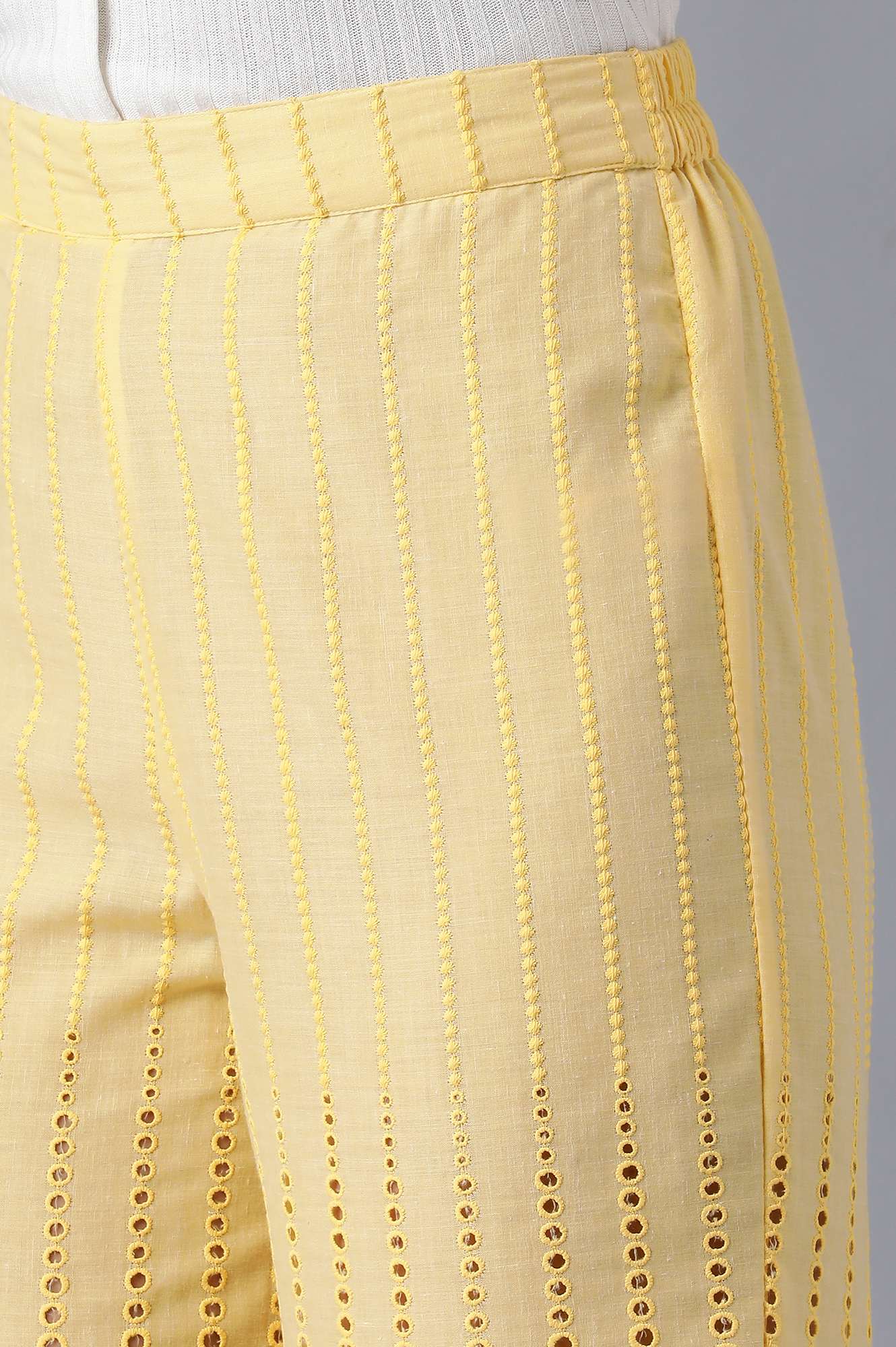 Yellow Embroidered Wide Leg Cotton Culottes With Eyelet Detail