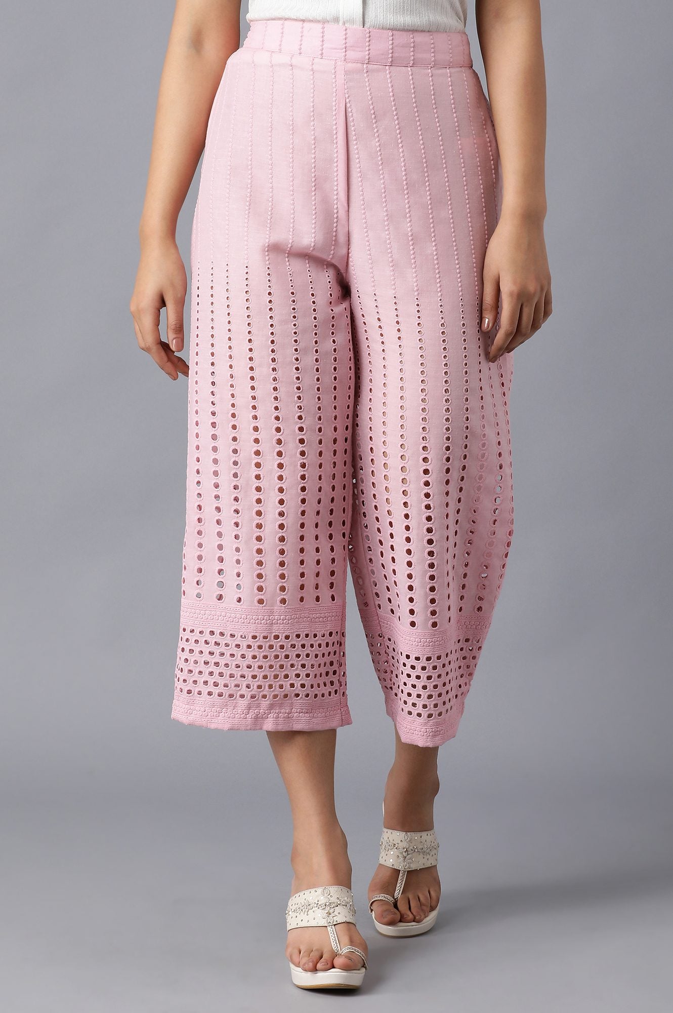 Pink Solid Straight Fit Cotton Culottes With Embroidered Detailing