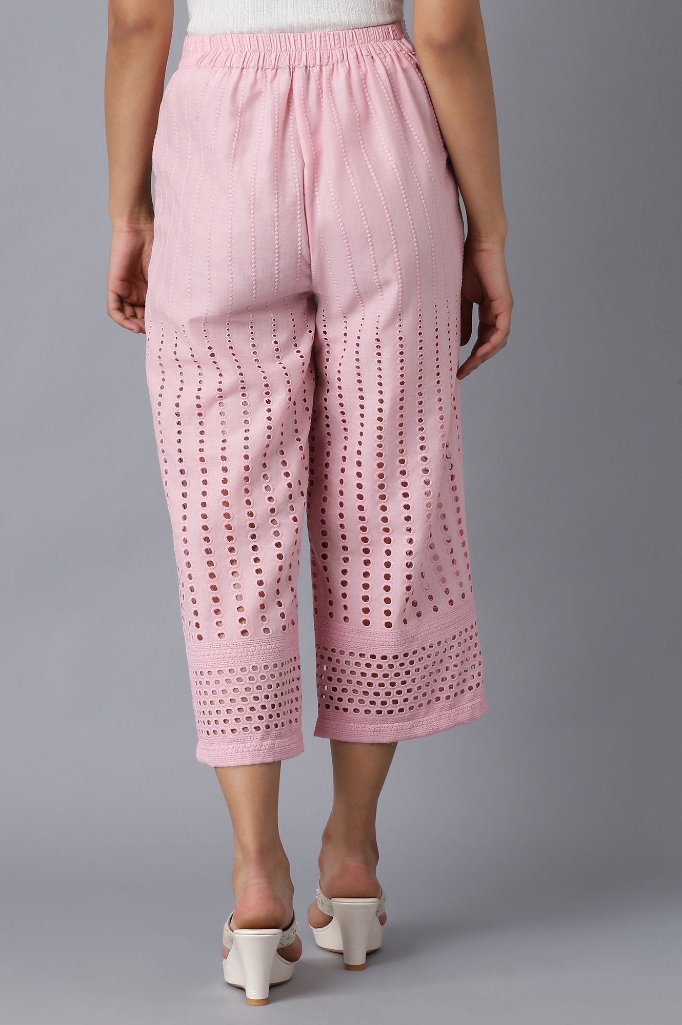 Pink Solid Straight Fit Cotton Culottes With Embroidered Detailing