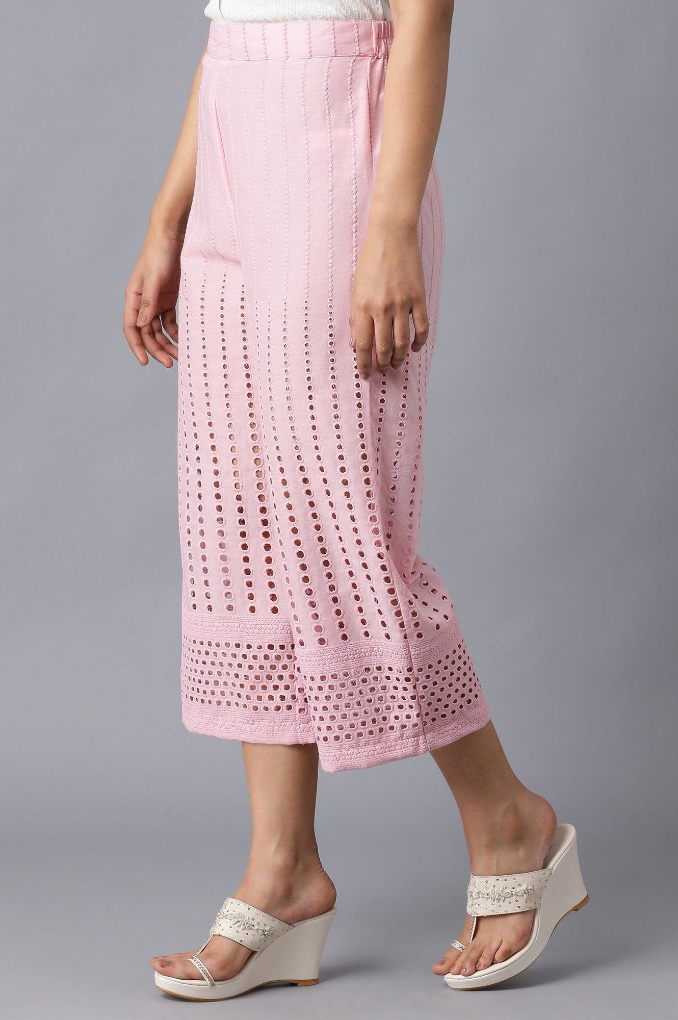 Pink Solid Straight Fit Cotton Culottes With Embroidered Detailing