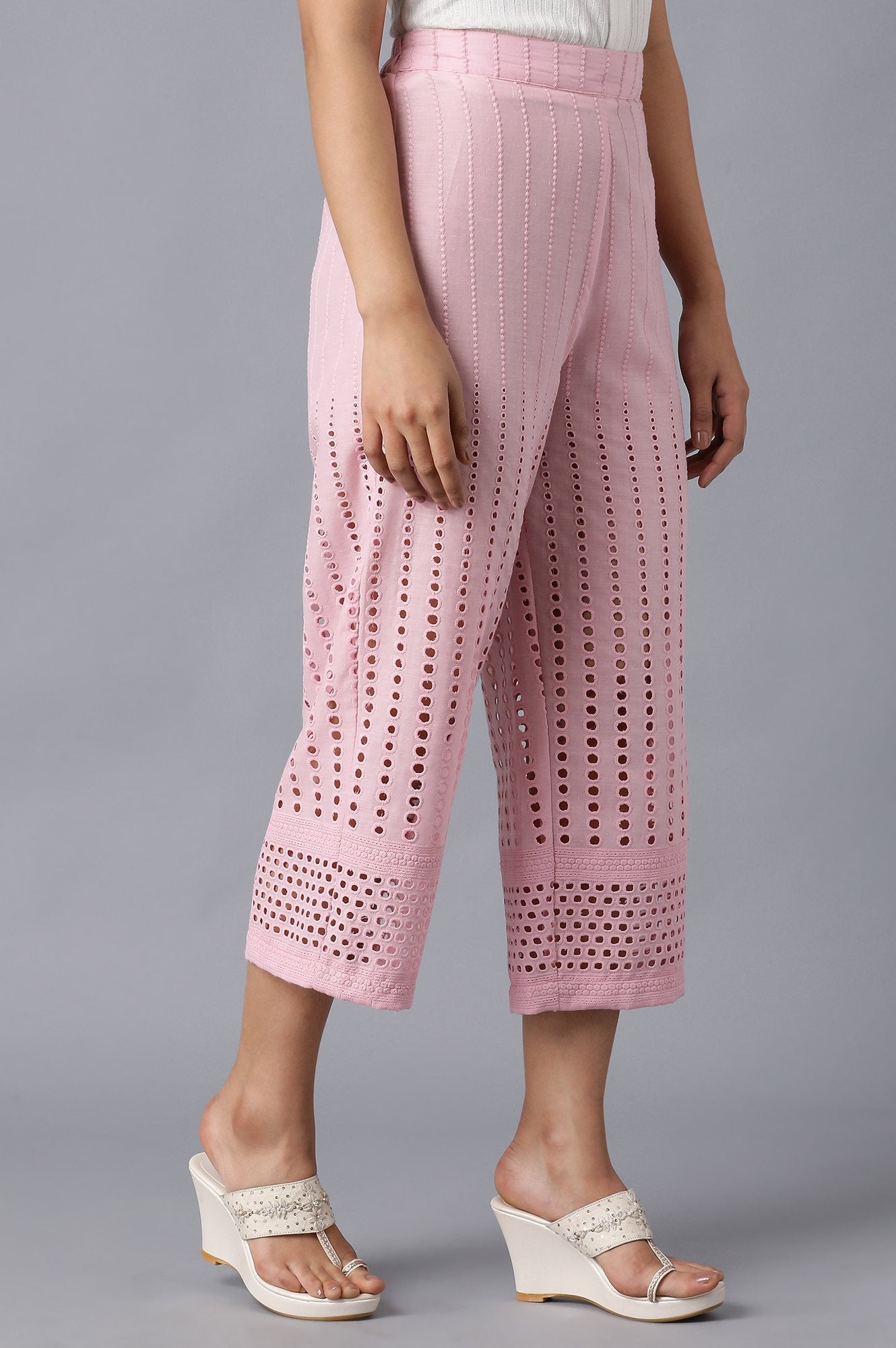 Pink Solid Straight Fit Cotton Culottes With Embroidered Detailing