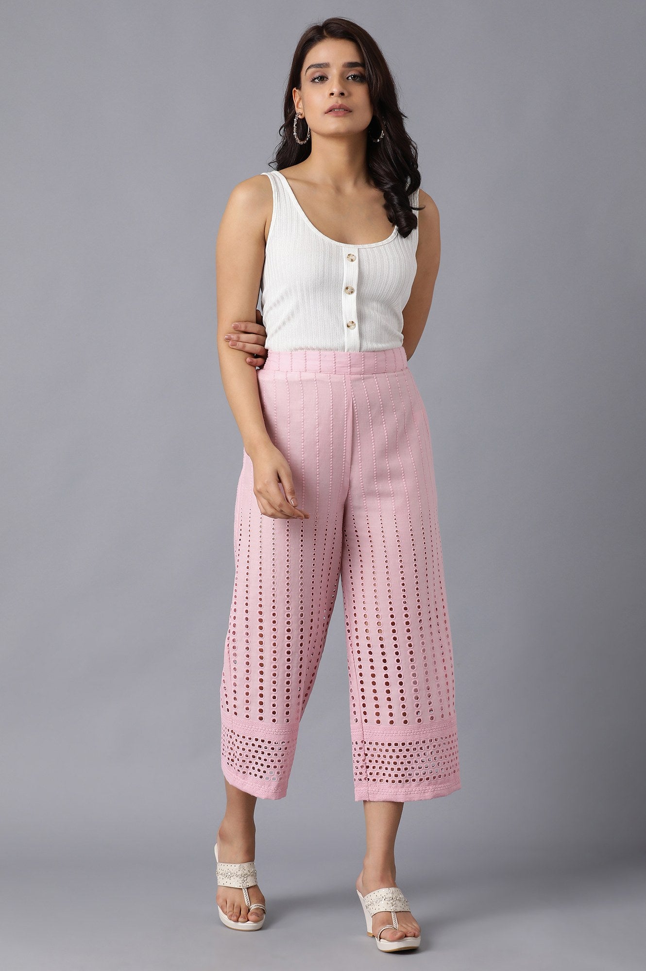 Pink Solid Straight Fit Cotton Culottes With Embroidered Detailing