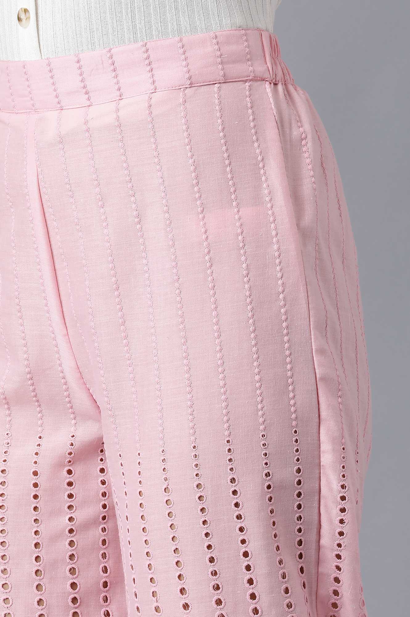 Pink Solid Straight Fit Cotton Culottes With Embroidered Detailing