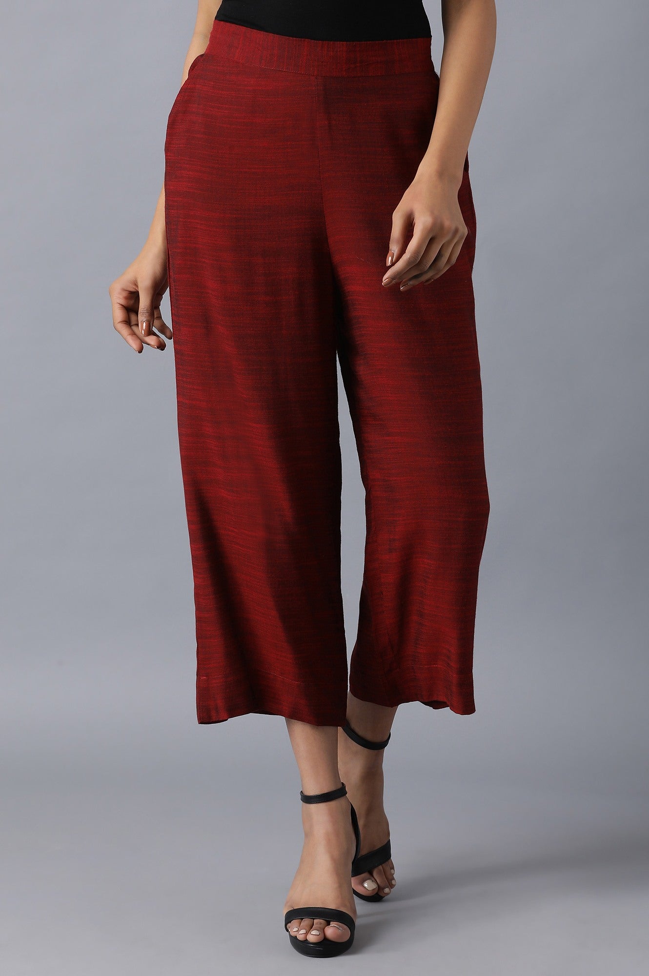 Red Solid Straight Fit Woven Palazzo With Pleated Pockets
