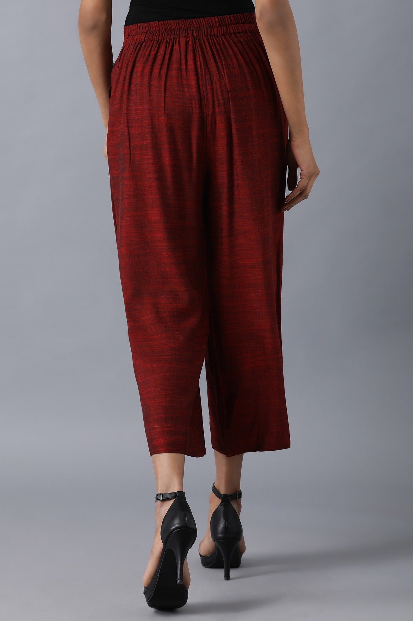 Red Solid Straight Fit Woven Palazzo With Pleated Pockets