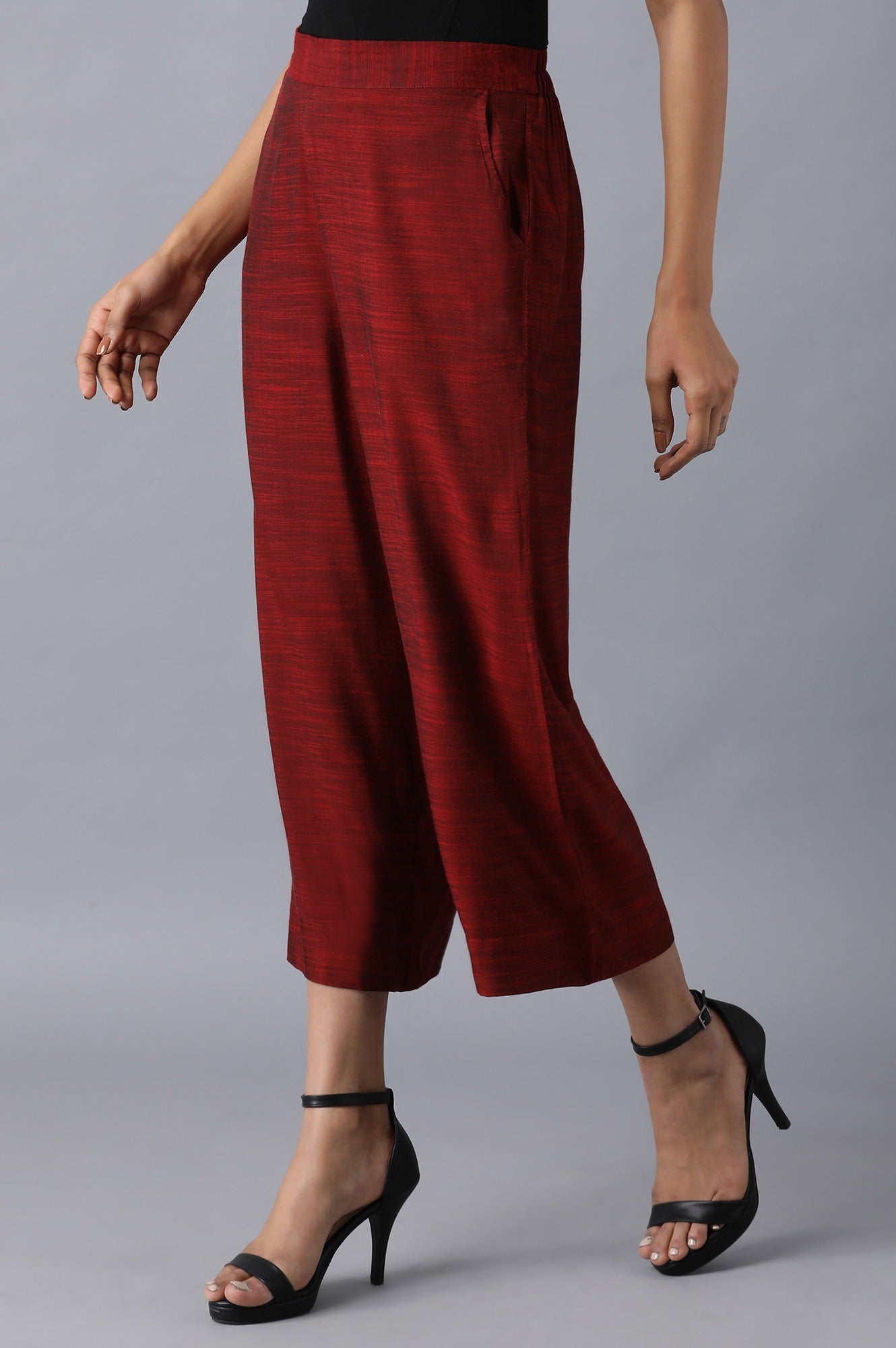 Red Solid Straight Fit Woven Palazzo With Pleated Pockets
