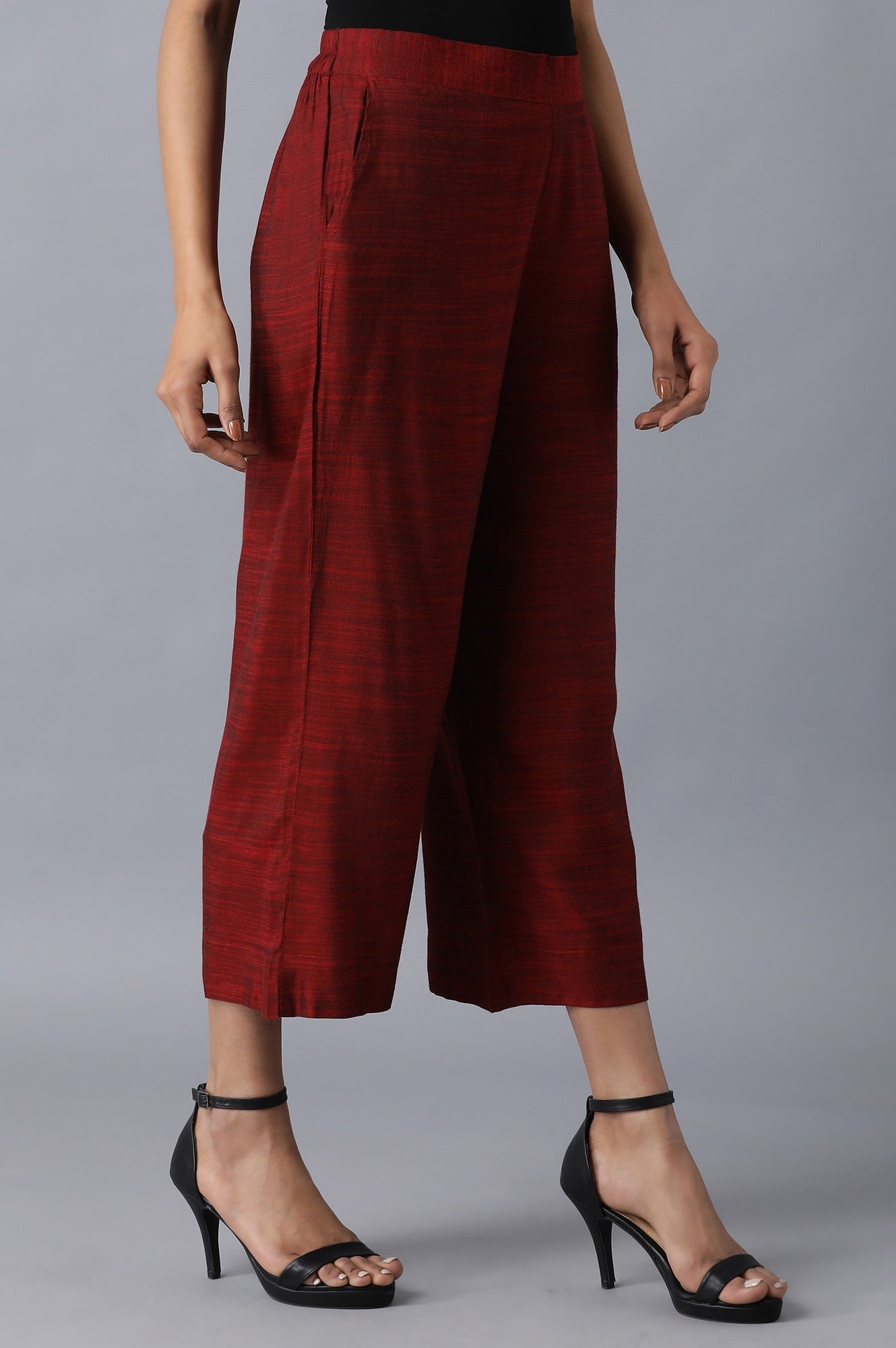 Red Solid Straight Fit Woven Palazzo With Pleated Pockets