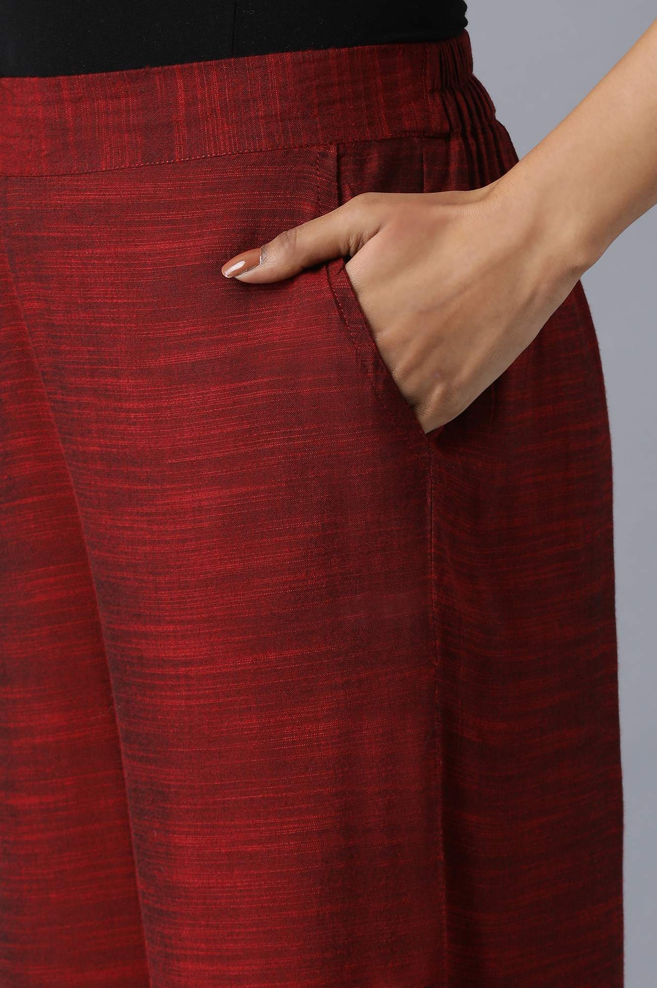 Red Solid Straight Fit Woven Palazzo With Pleated Pockets