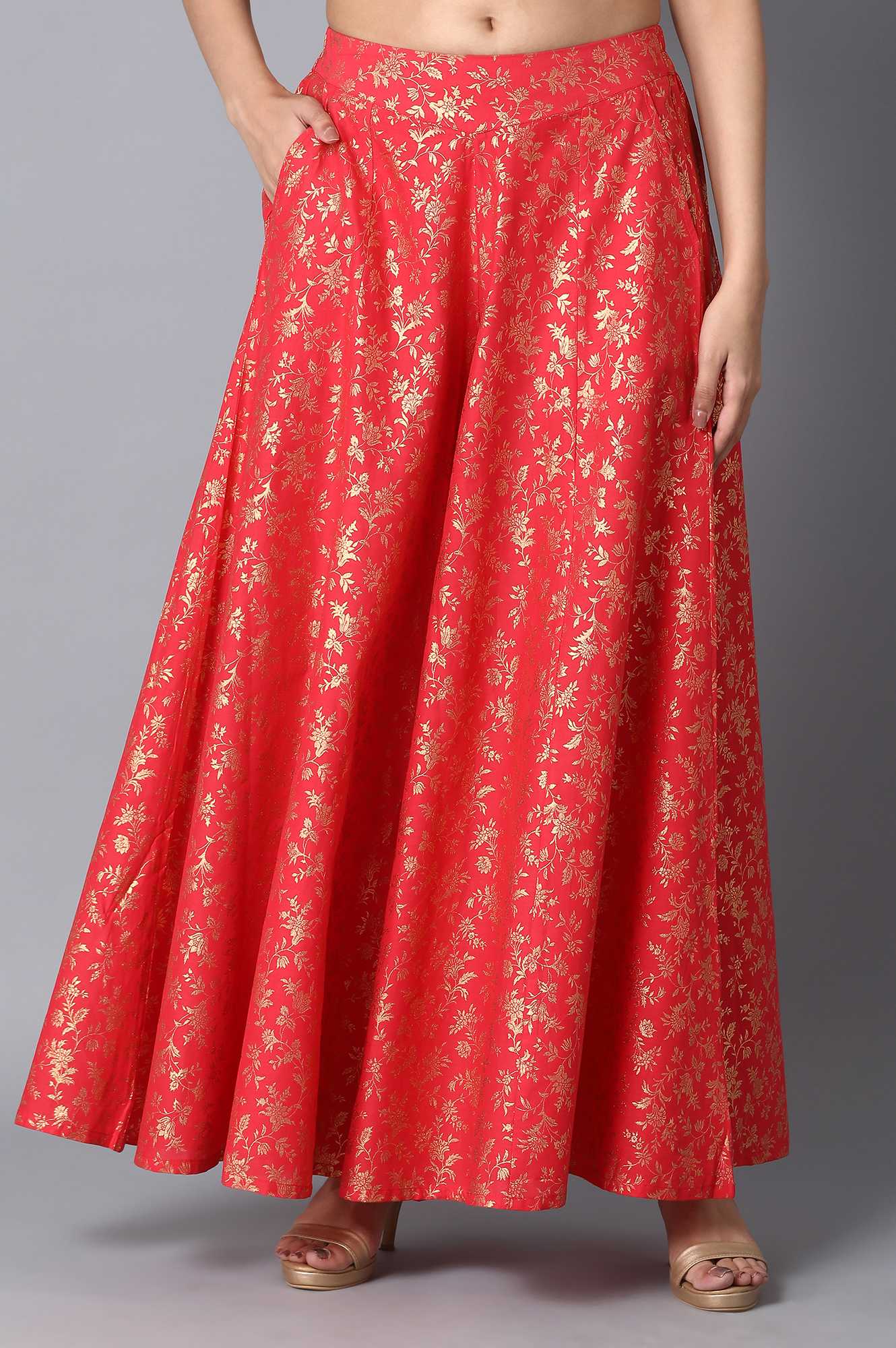 Red Floral Printed Flared Cotton Palazzo With Elasticated Waist