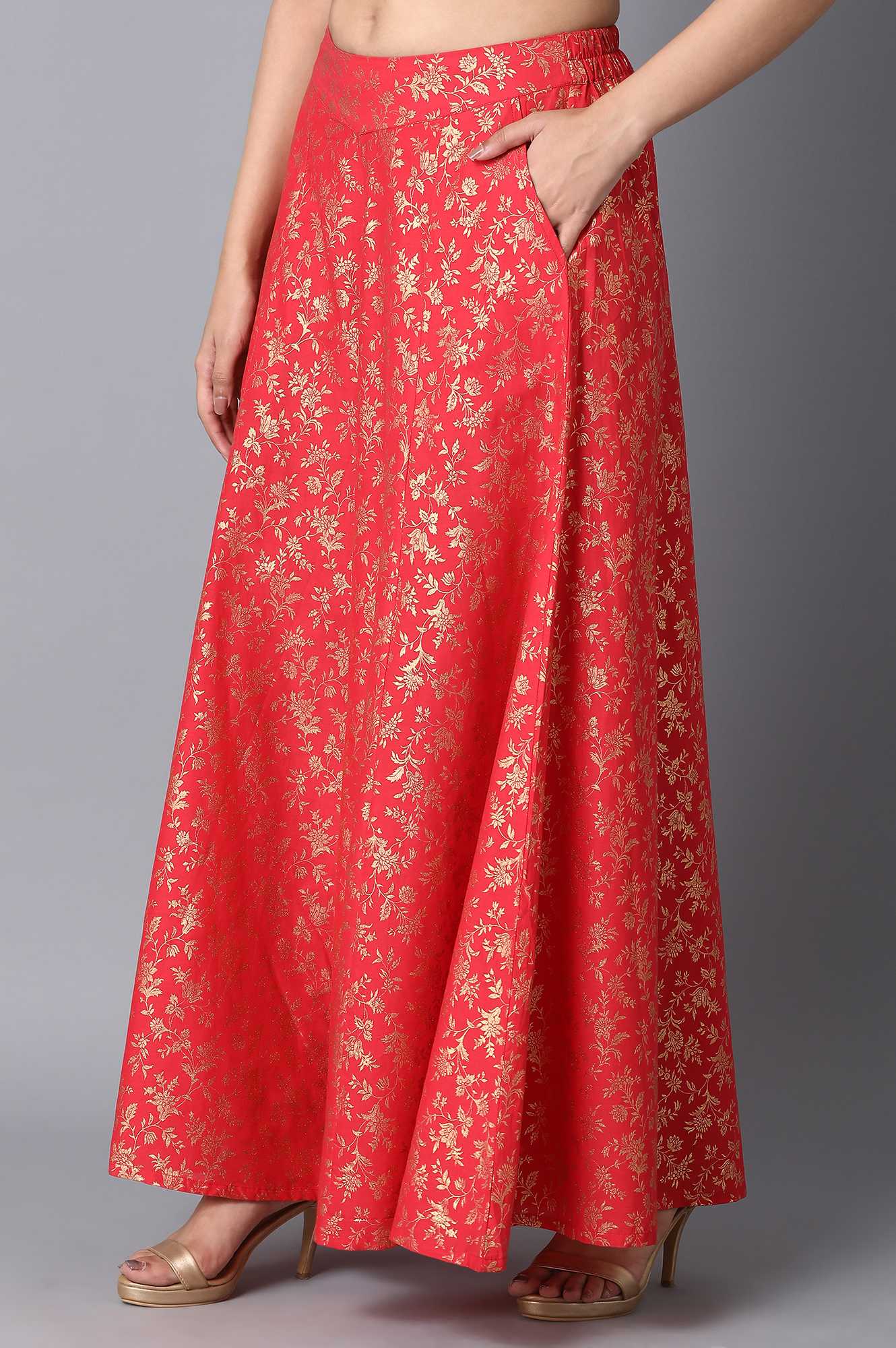 Red Floral Printed Flared Cotton Palazzo With Elasticated Waist
