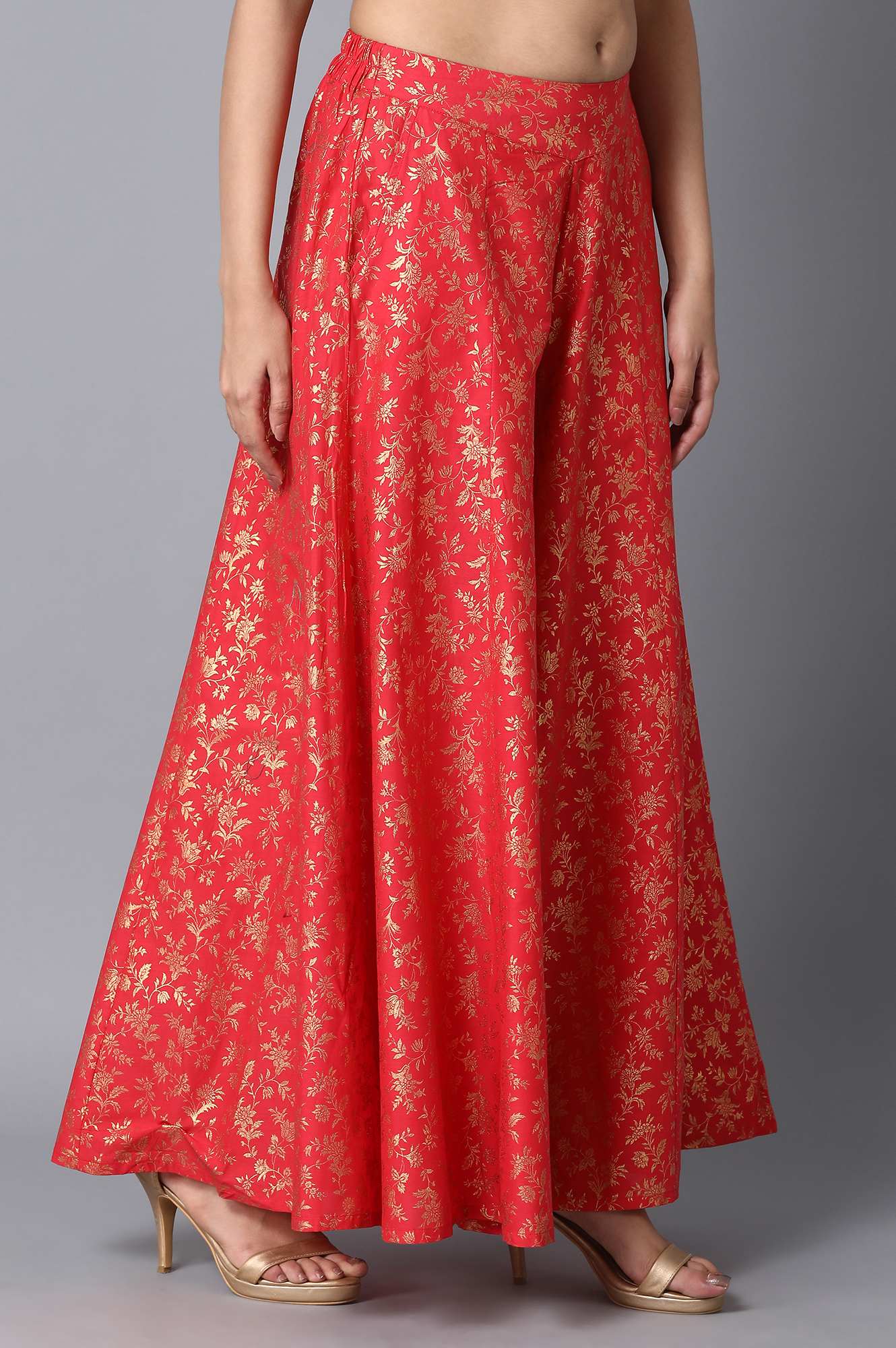 Red Floral Printed Flared Cotton Palazzo With Elasticated Waist