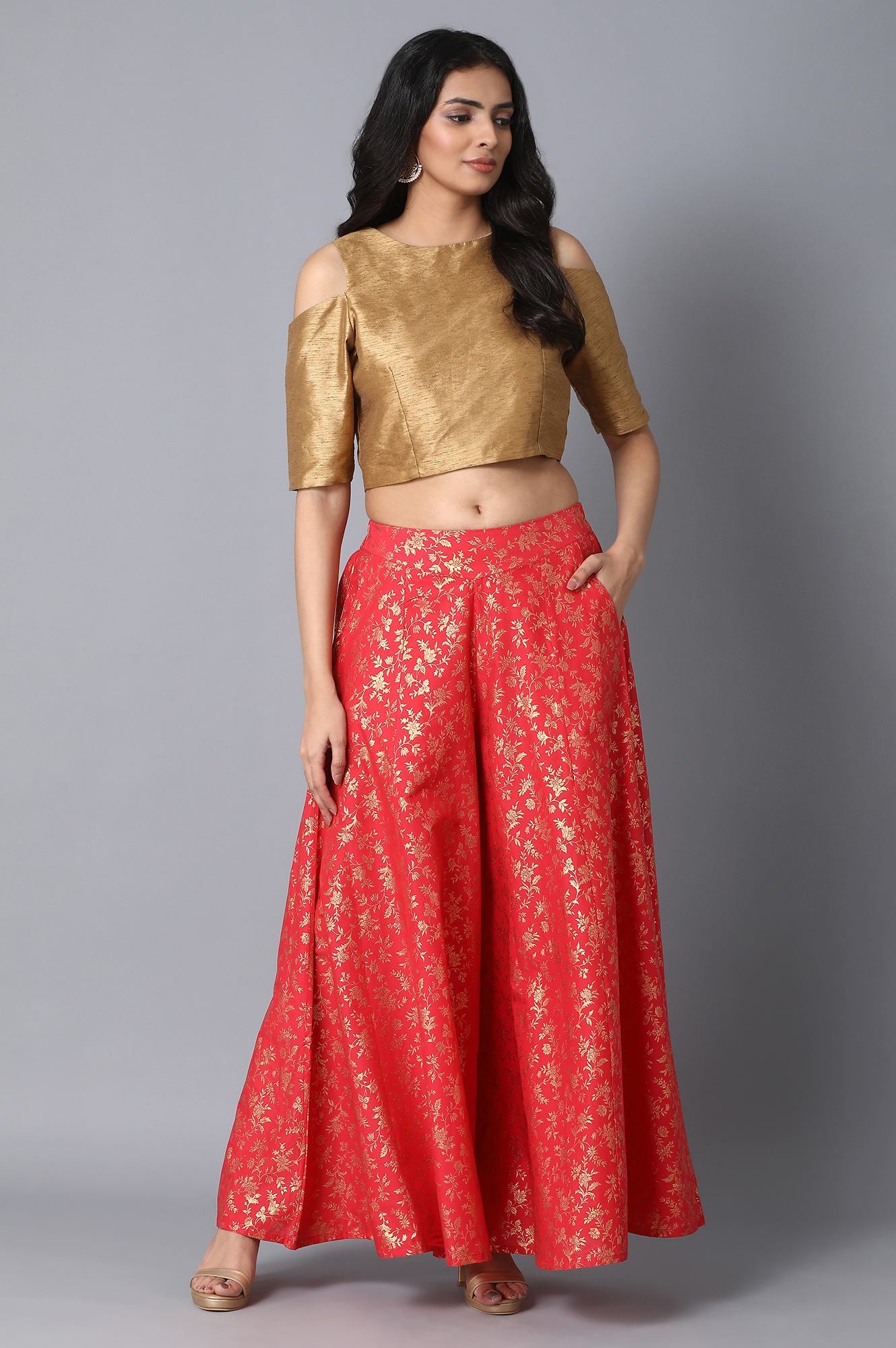 Red Floral Printed Flared Cotton Palazzo With Elasticated Waist