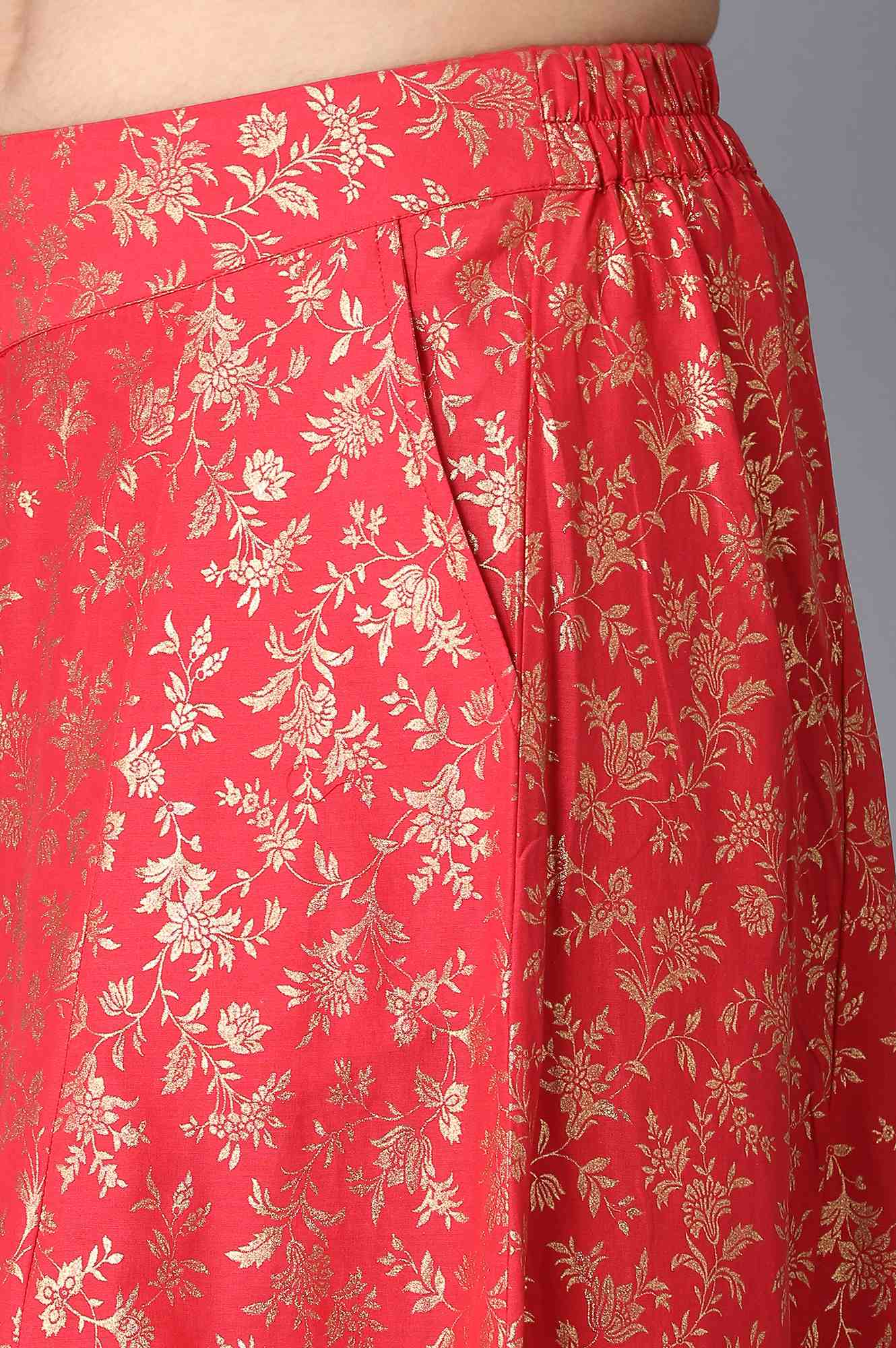 Red Floral Printed Flared Cotton Palazzo With Elasticated Waist