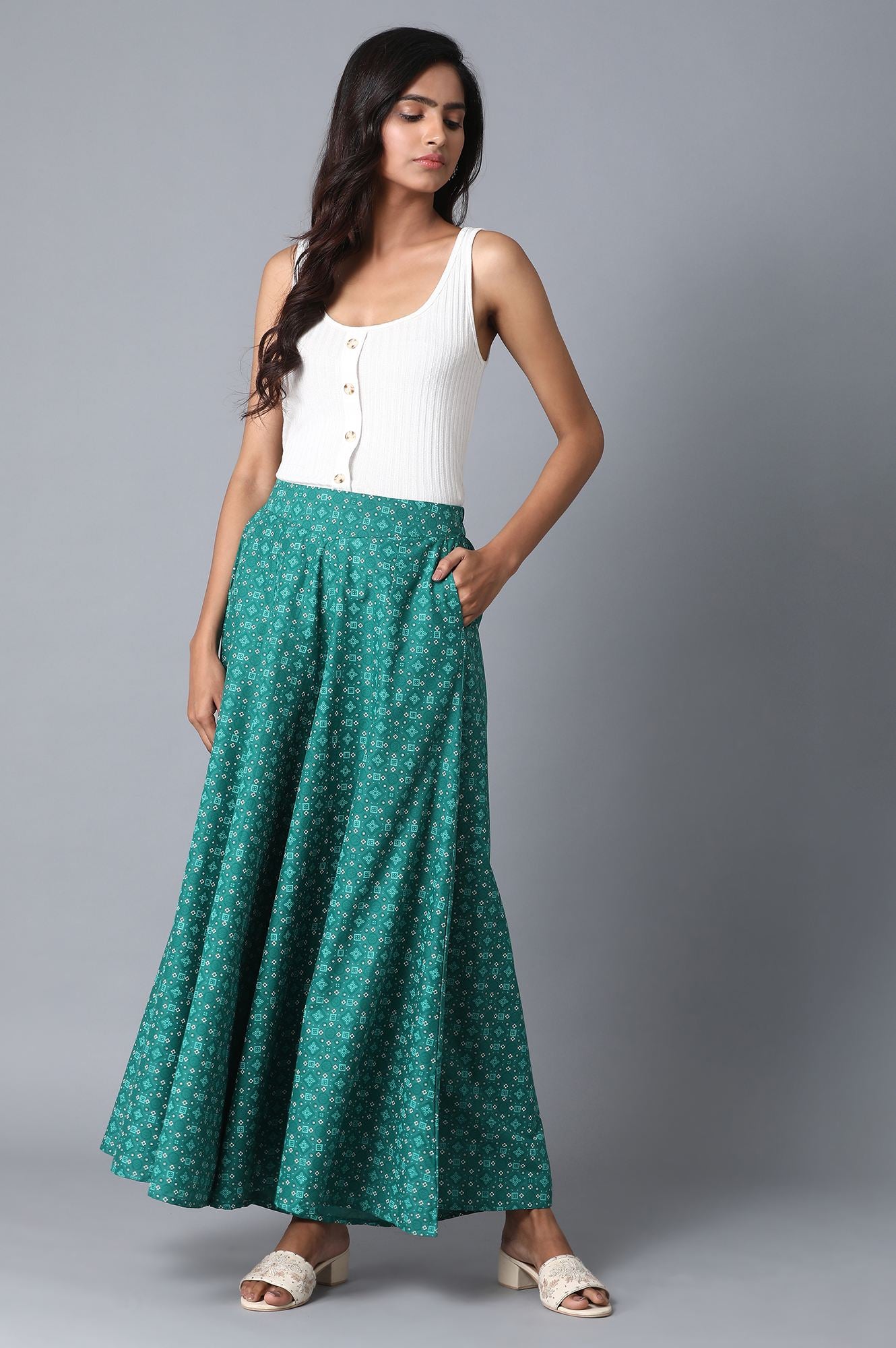 Teal Geometric Printed Flared Cotton Palazzo With Elasticated Waist