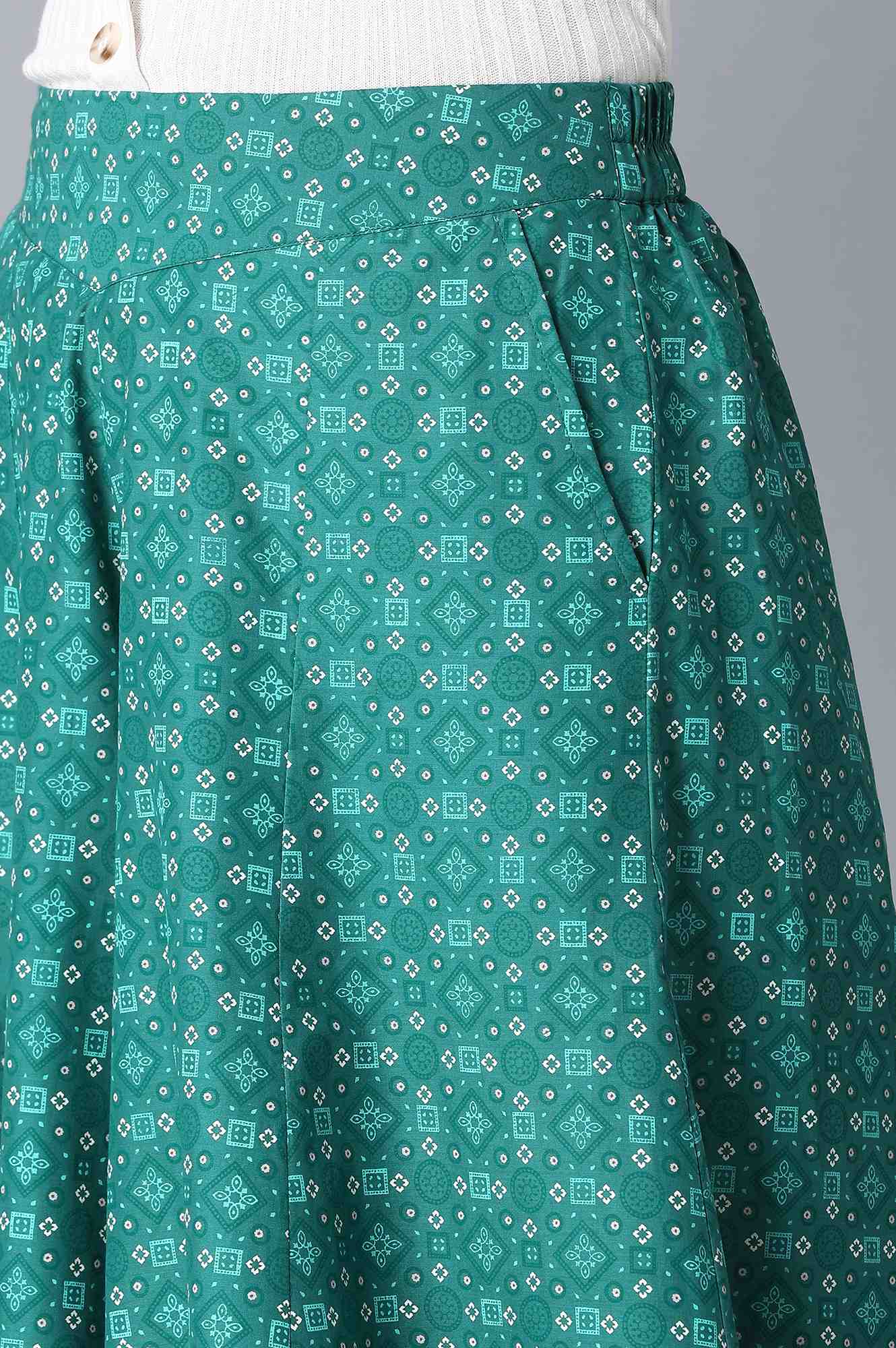 Teal Geometric Printed Flared Cotton Palazzo With Elasticated Waist