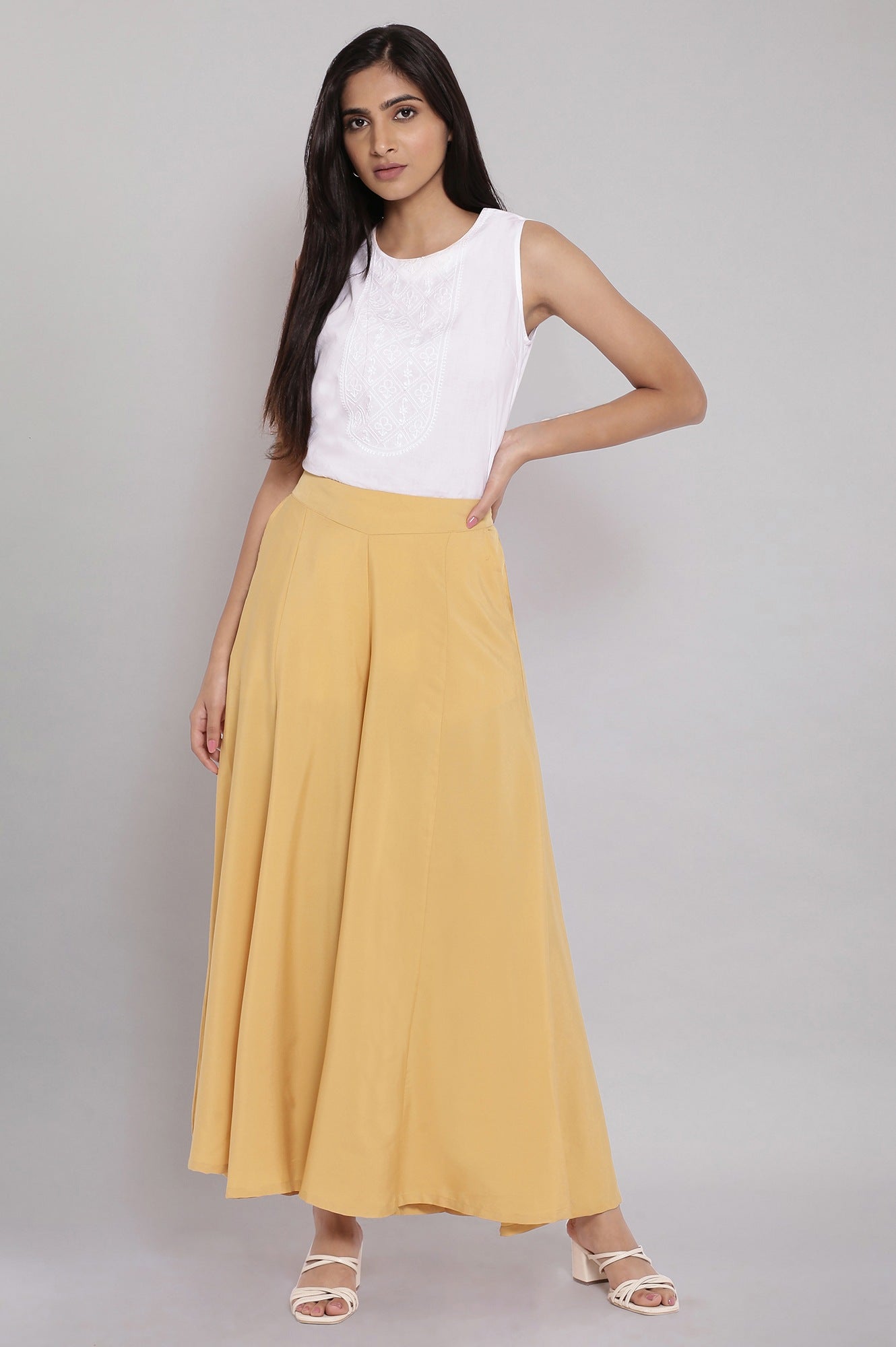 Gold Solid Flared Cotton Palazzo With Slip On Closure