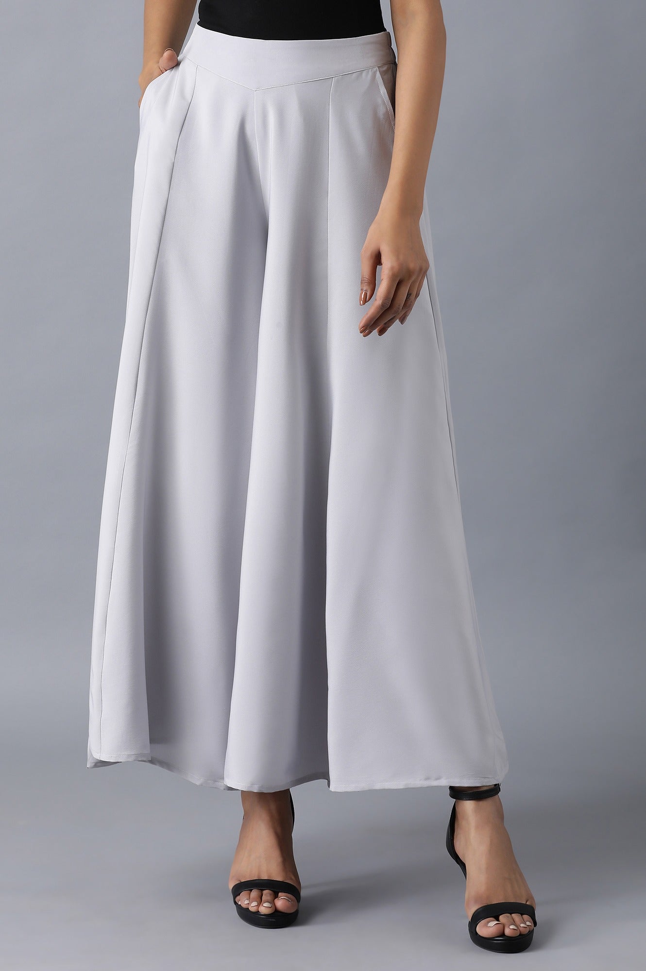 Grey Solid Flared Cotton Palazzo With Slip On Closure