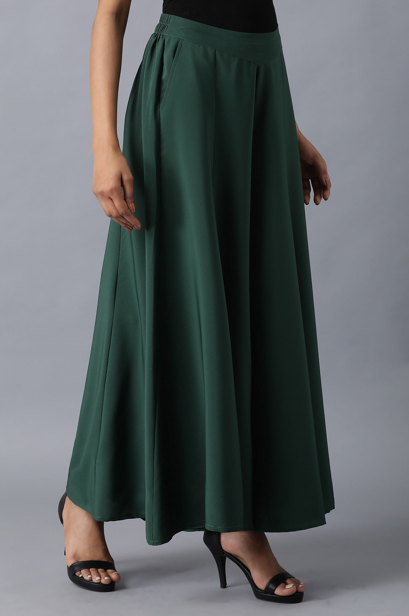 Muted Sage Green Solid Flared Cotton Palazzo With Slip On Closure