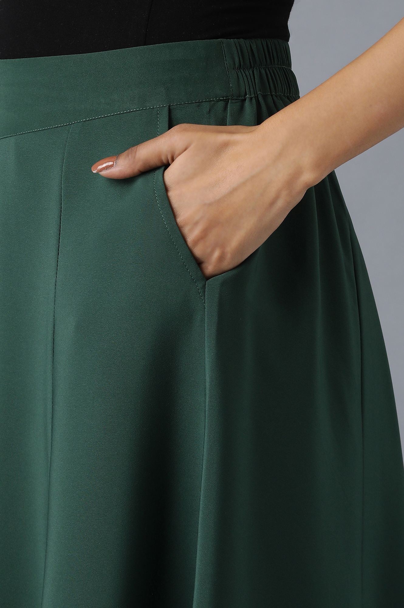 Muted Sage Green Solid Flared Cotton Palazzo With Slip On Closure