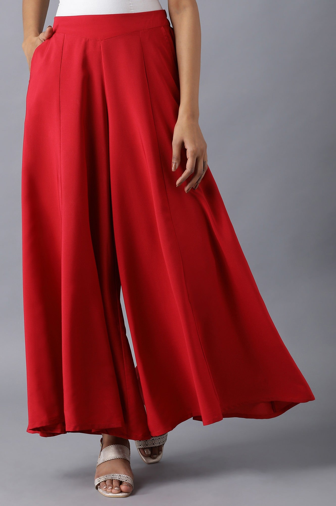 Red Solid Flared Cotton Palazzo With Slip On Closure