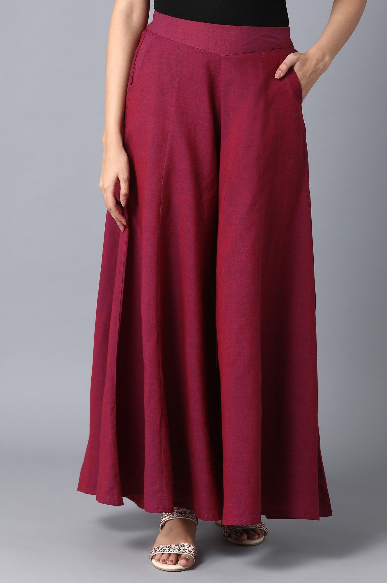 Purple Solid Flared Cotton Palazzo With Elasticated Waist
