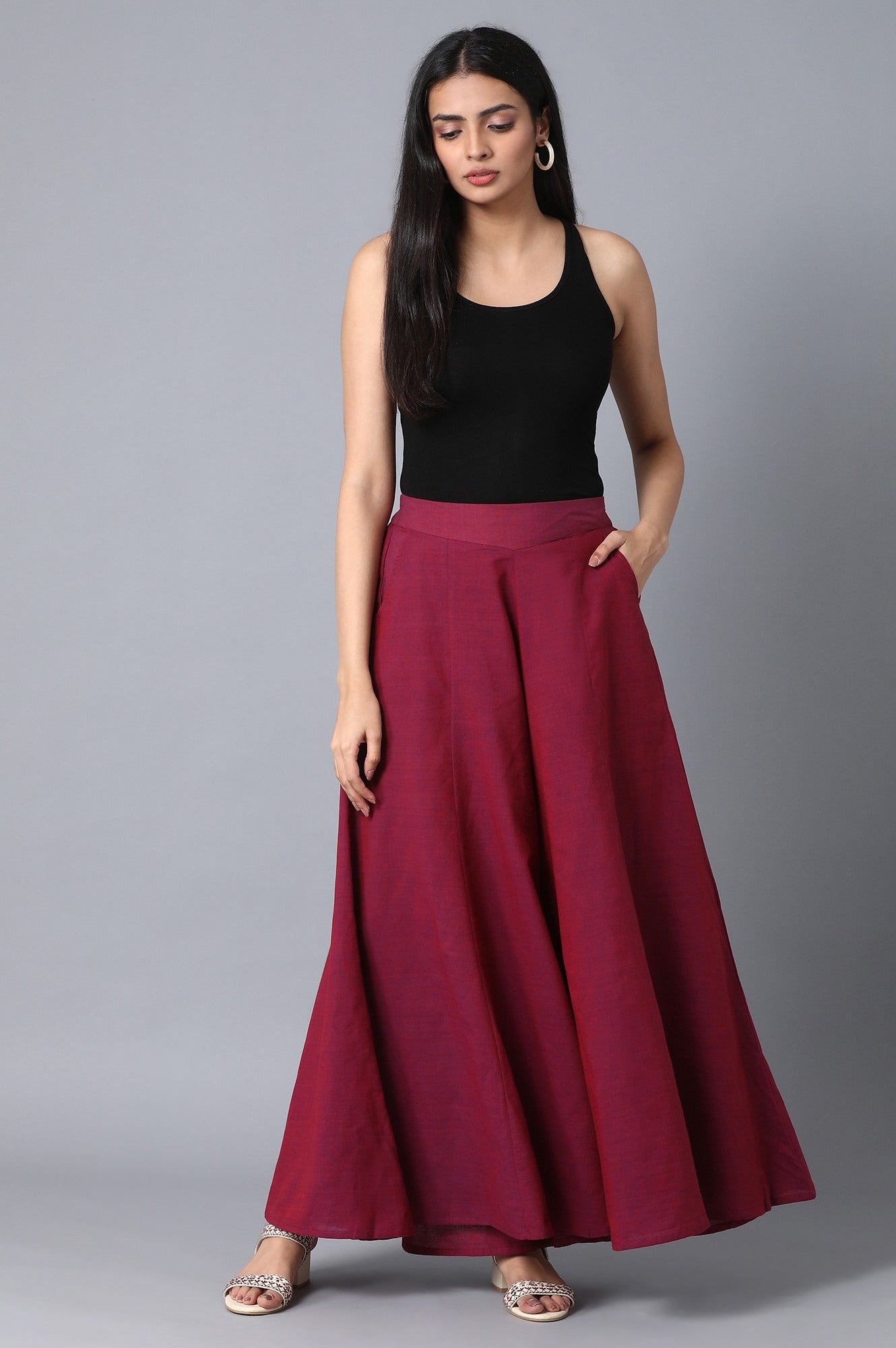 Purple Solid Flared Cotton Palazzo With Elasticated Waist