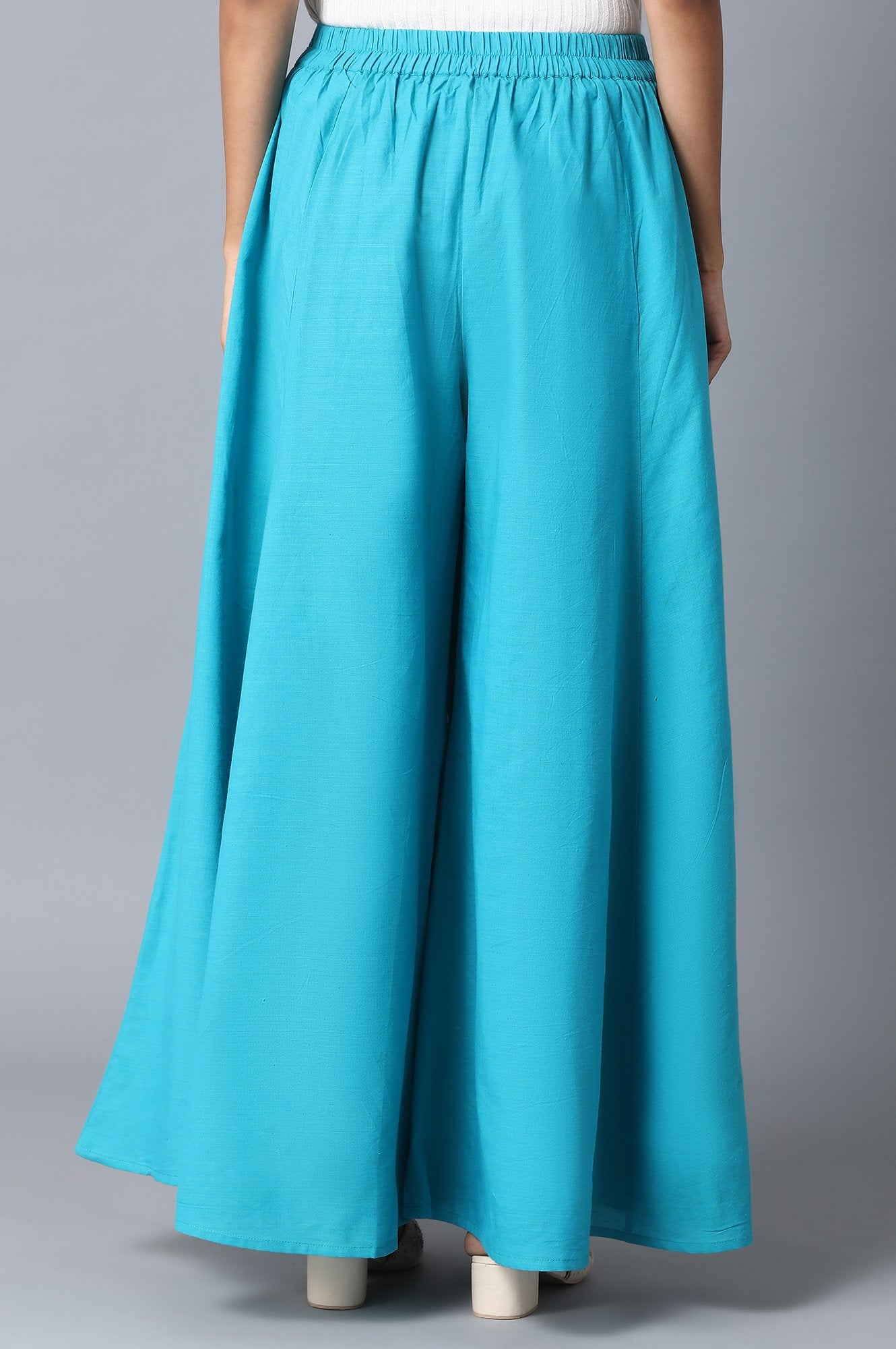 Blue Solid Flared Cotton Palazzo With Elasticated Waist