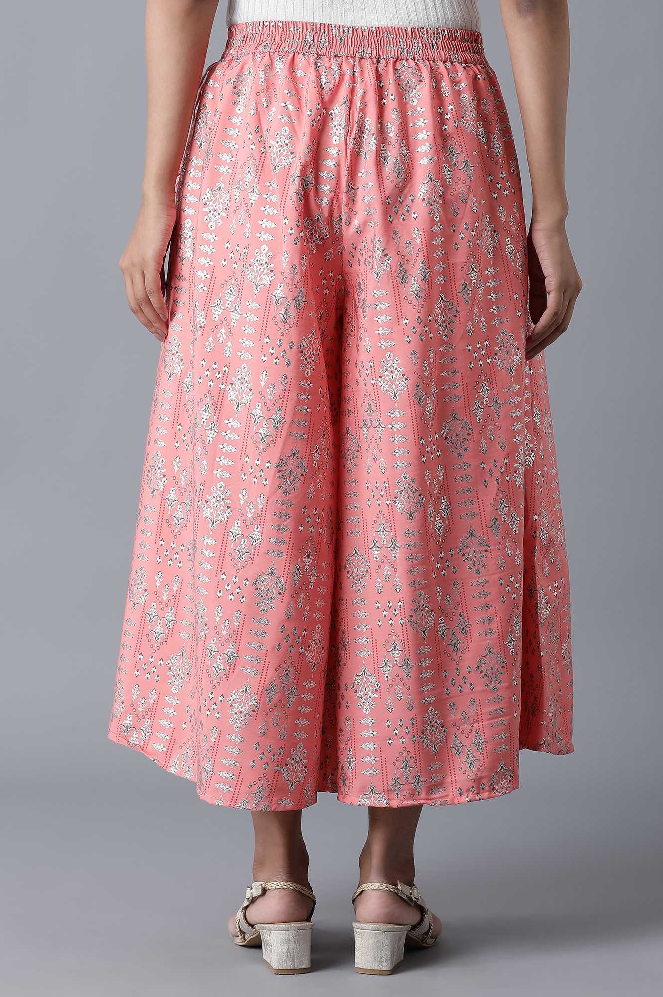 Pink Floral Printed Flared Cotton Palazzo With Elasticated Waistband