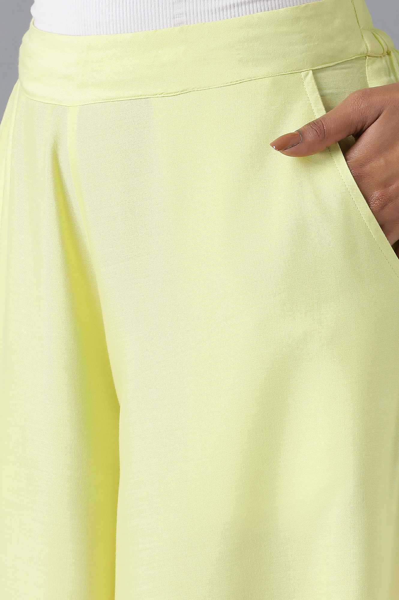 Yellow Solid Flared Cotton Palazzo With Elasticated Waistband