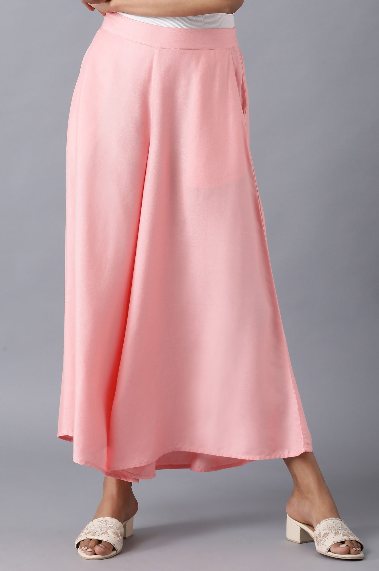Pink Solid Flared Cotton Culottes With Elasticated Waistband