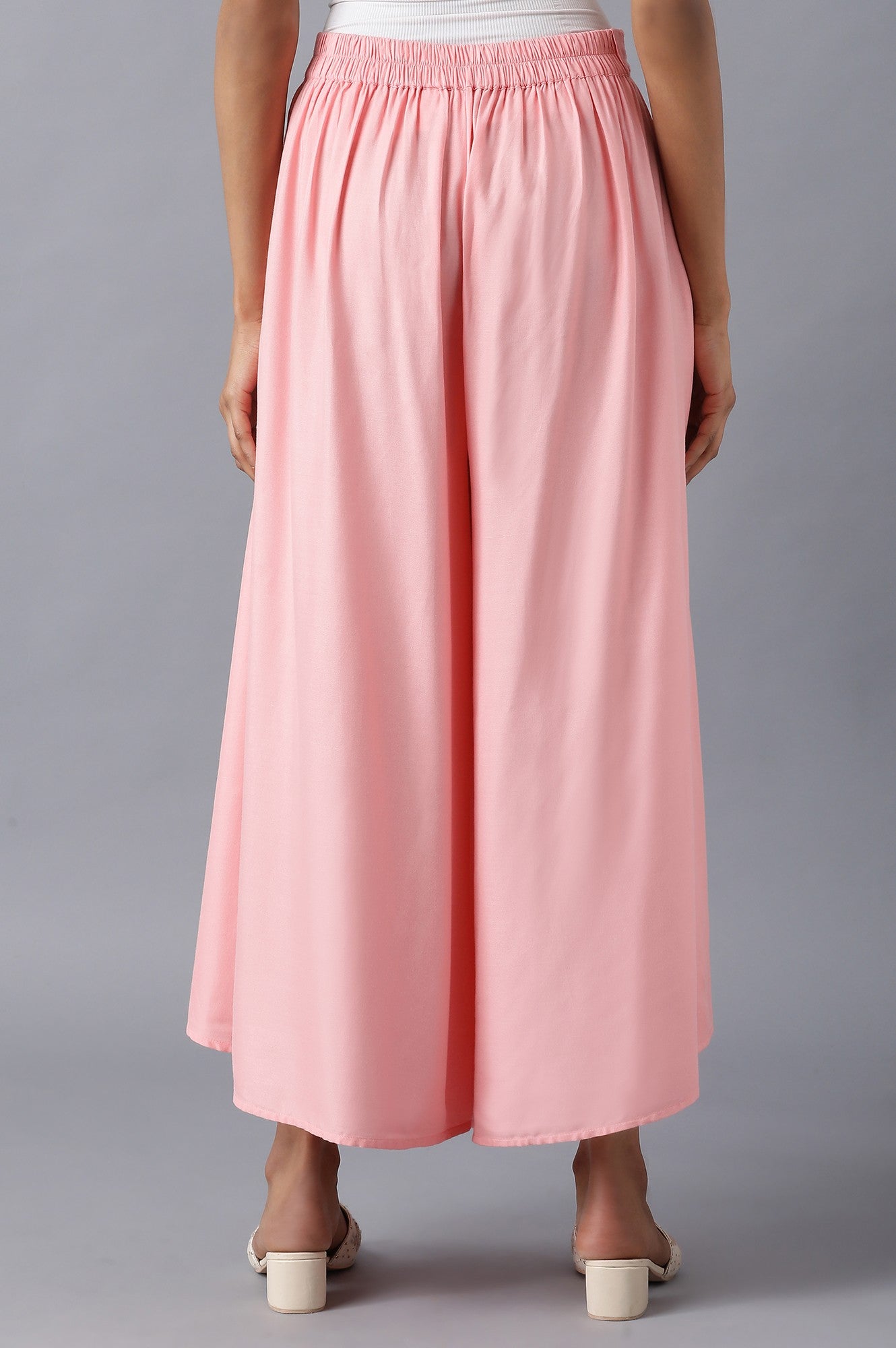 Pink Solid Flared Cotton Culottes With Elasticated Waistband