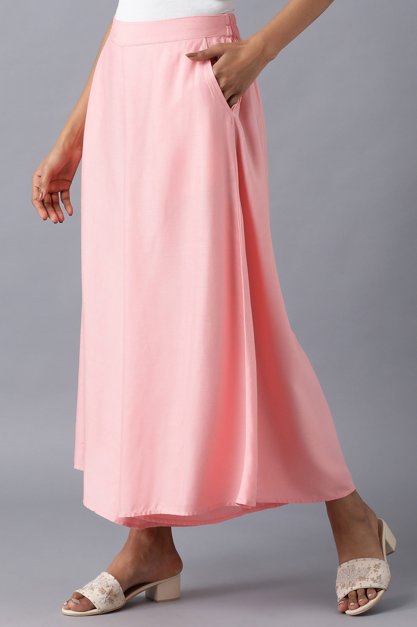 Pink Solid Flared Cotton Culottes With Elasticated Waistband