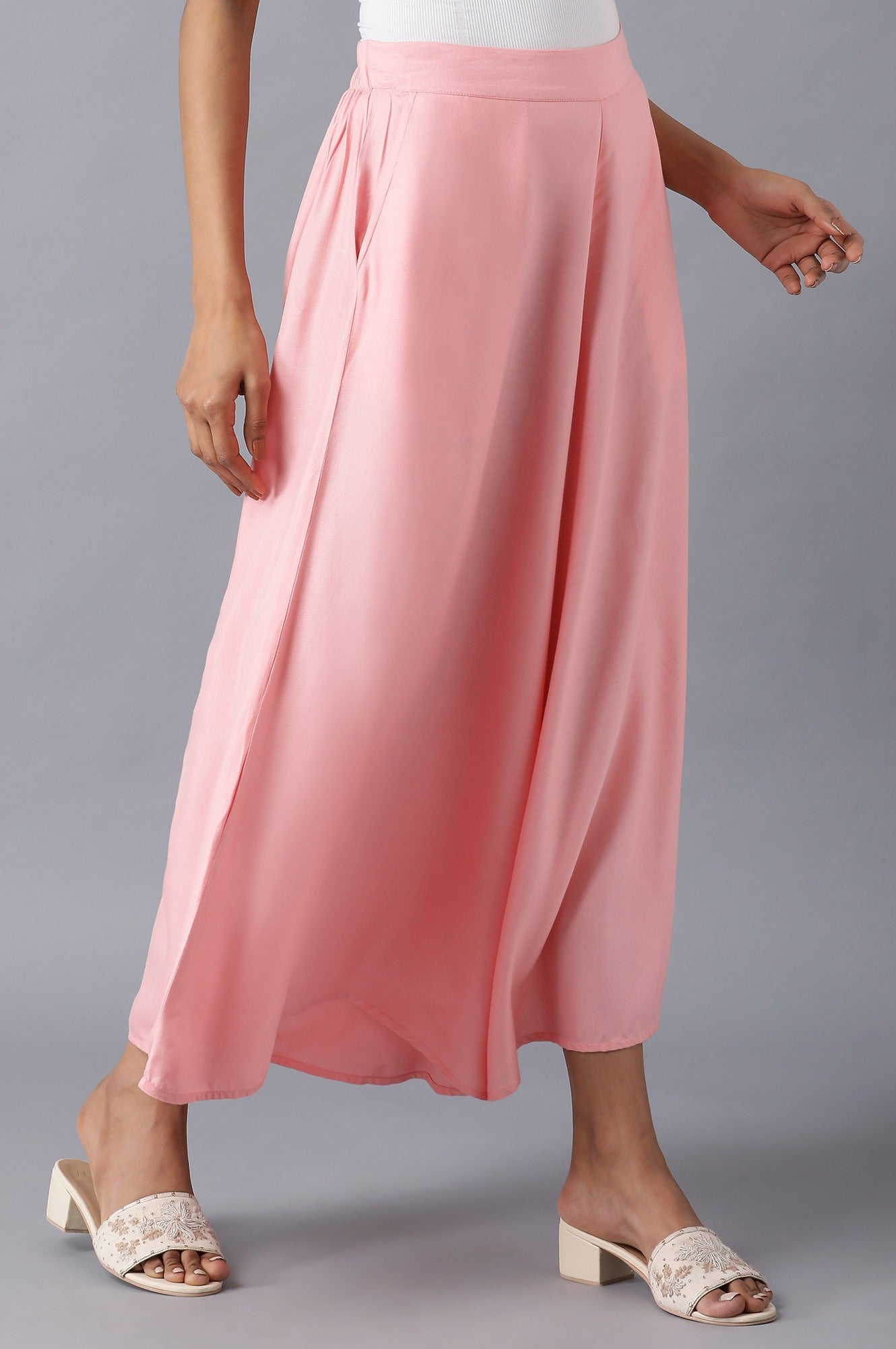 Pink Solid Flared Cotton Culottes With Elasticated Waistband
