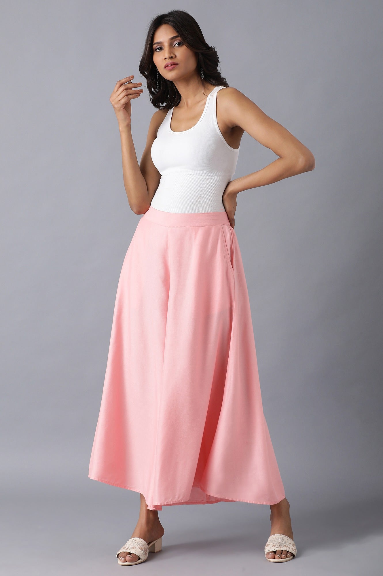 Pink Solid Flared Cotton Culottes With Elasticated Waistband