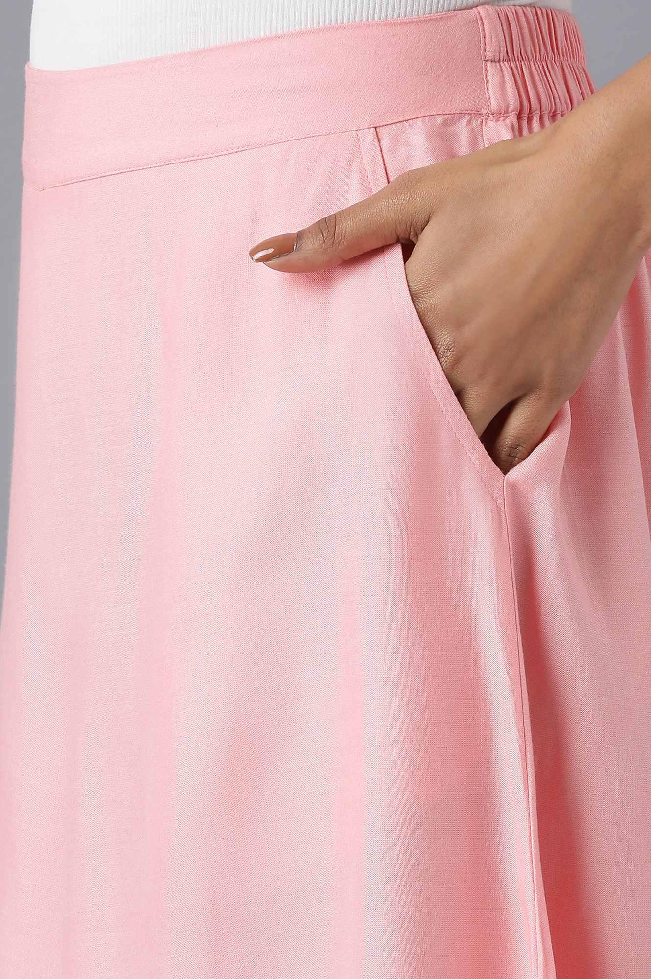 Pink Solid Flared Cotton Culottes With Elasticated Waistband