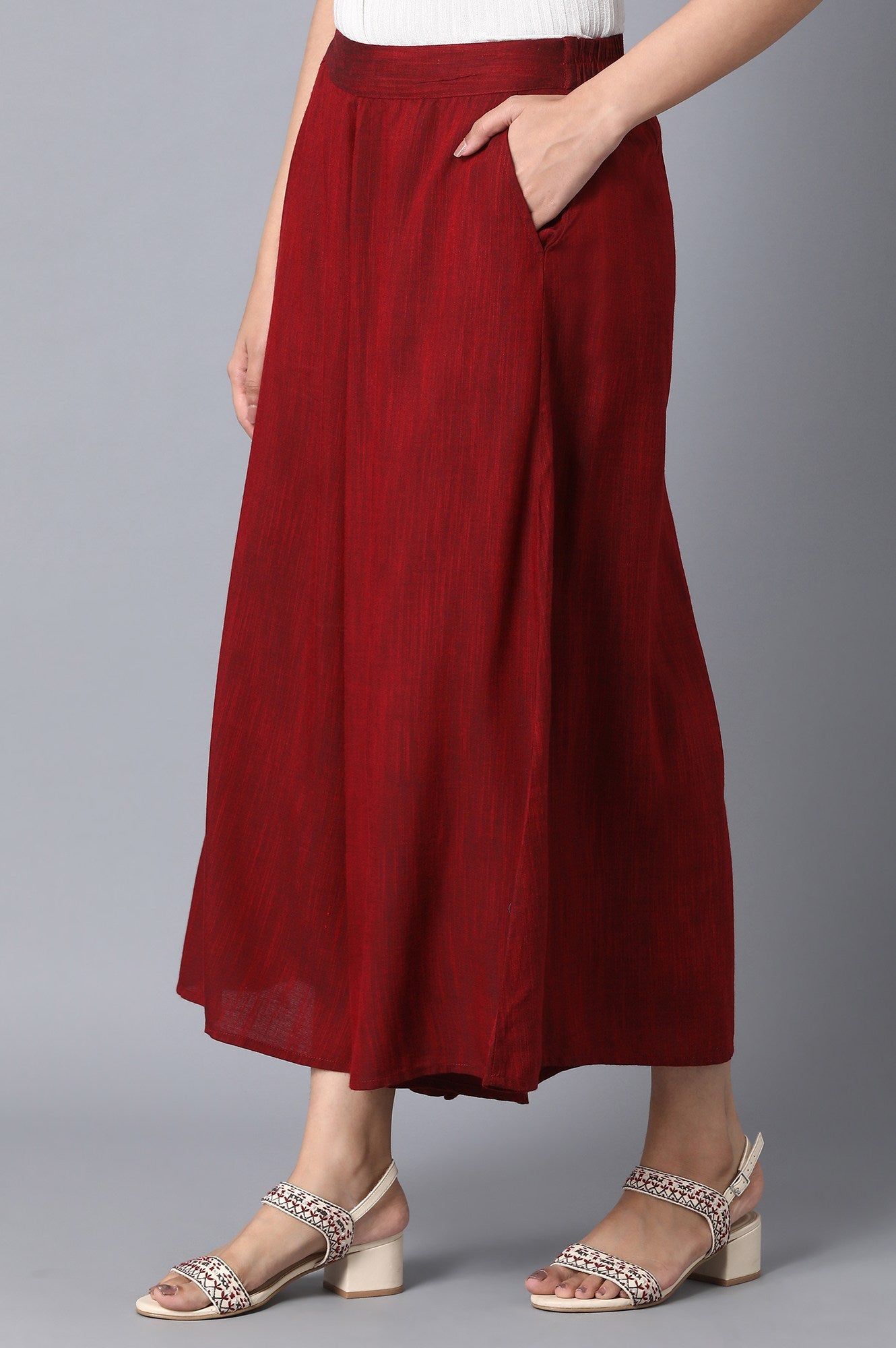 Red Solid Flared Cotton Palazzo With Elasticated Waist