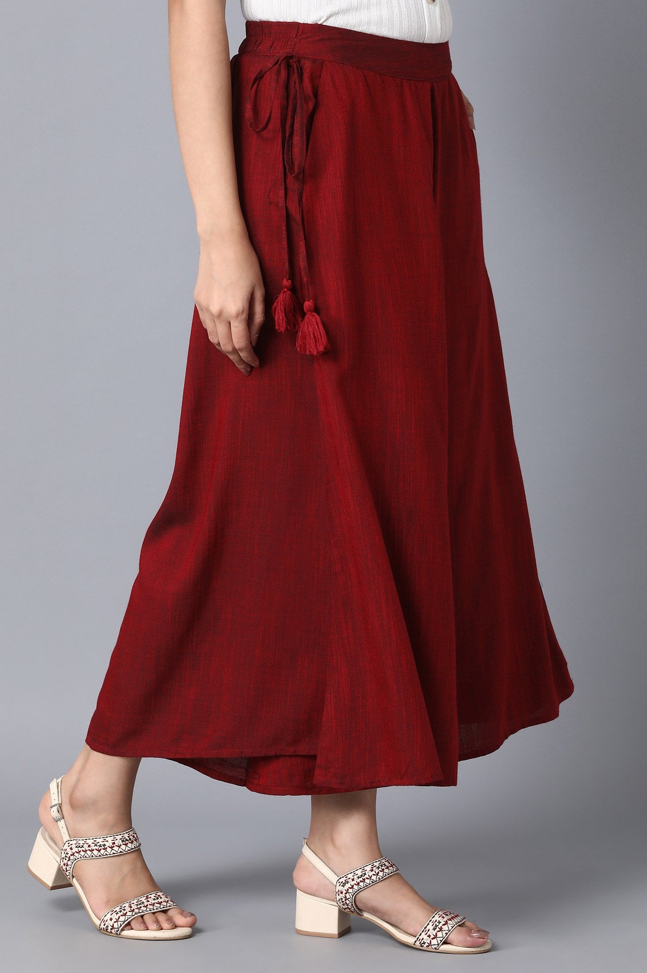 Red Solid Flared Cotton Palazzo With Elasticated Waist