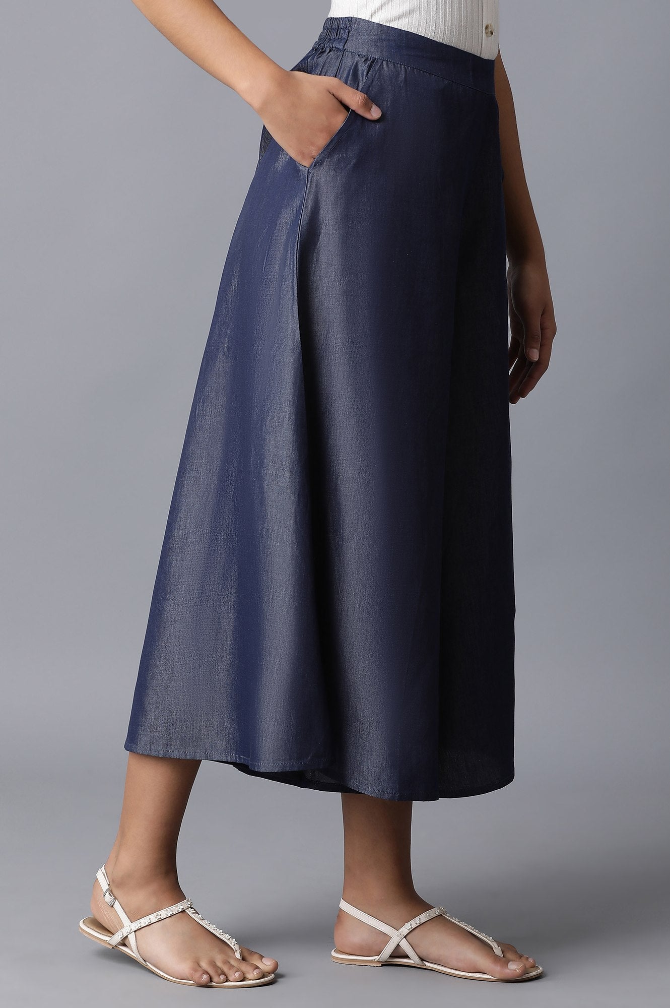 Navy Blue Solid Flared Cotton Culottes With Elasticated Waist