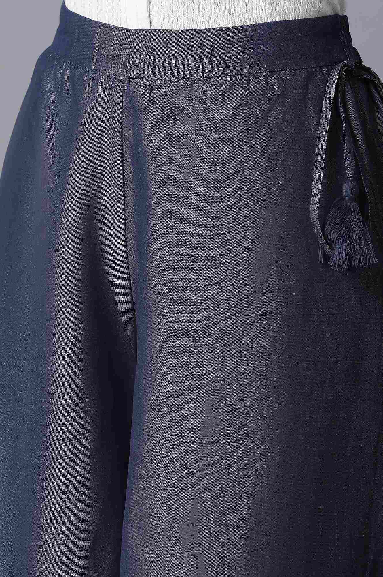 Navy Blue Solid Flared Cotton Culottes With Elasticated Waist