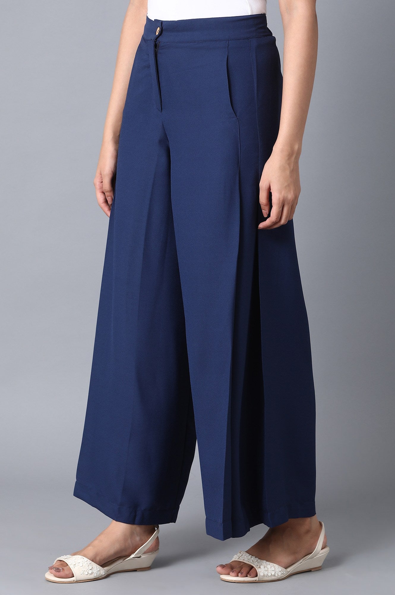 Blue Solid Flared Woven Palazzo With Front Zip Closure