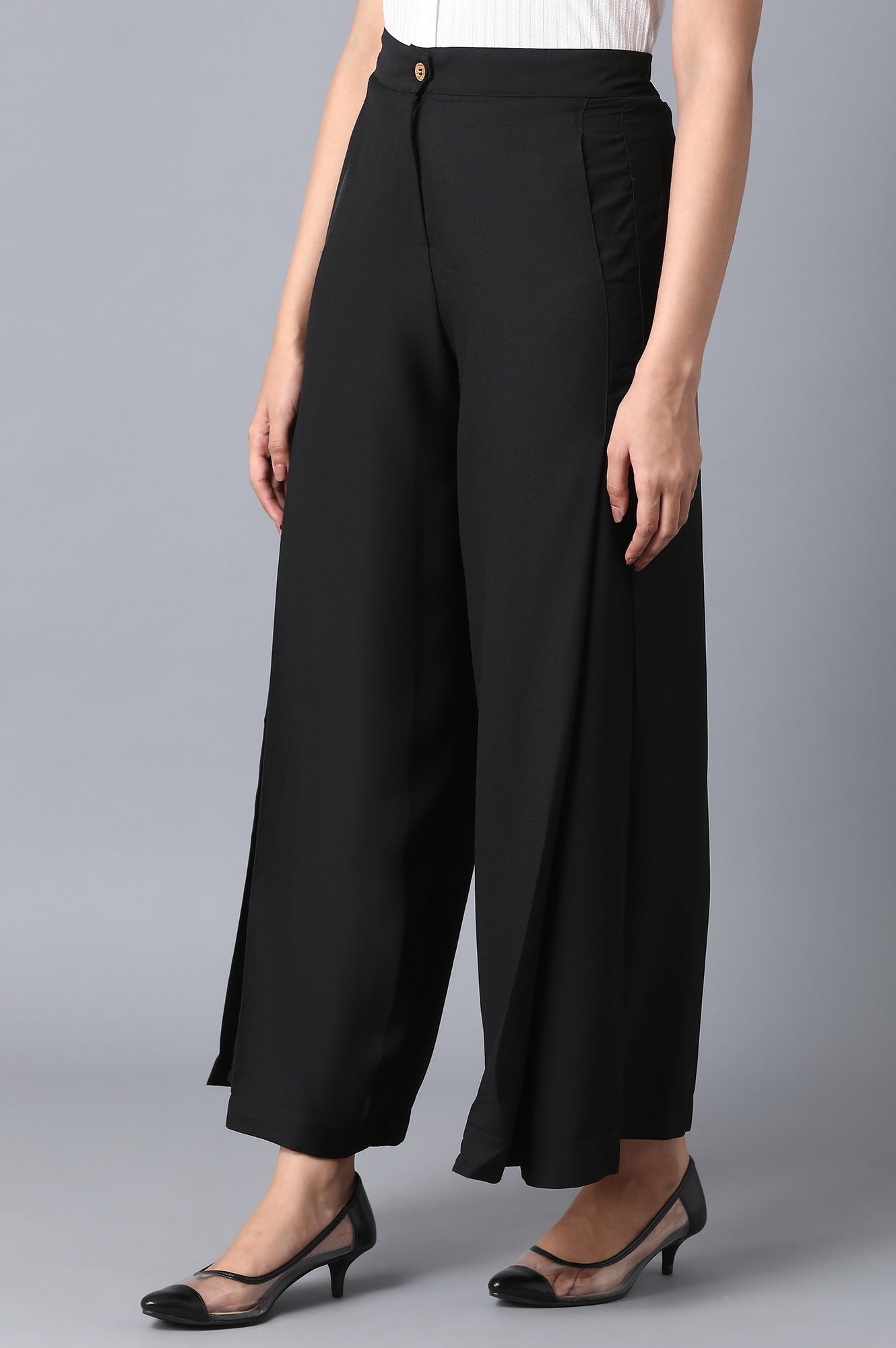 Black Solid Flared Woven Palazzo With Front Zip Closure