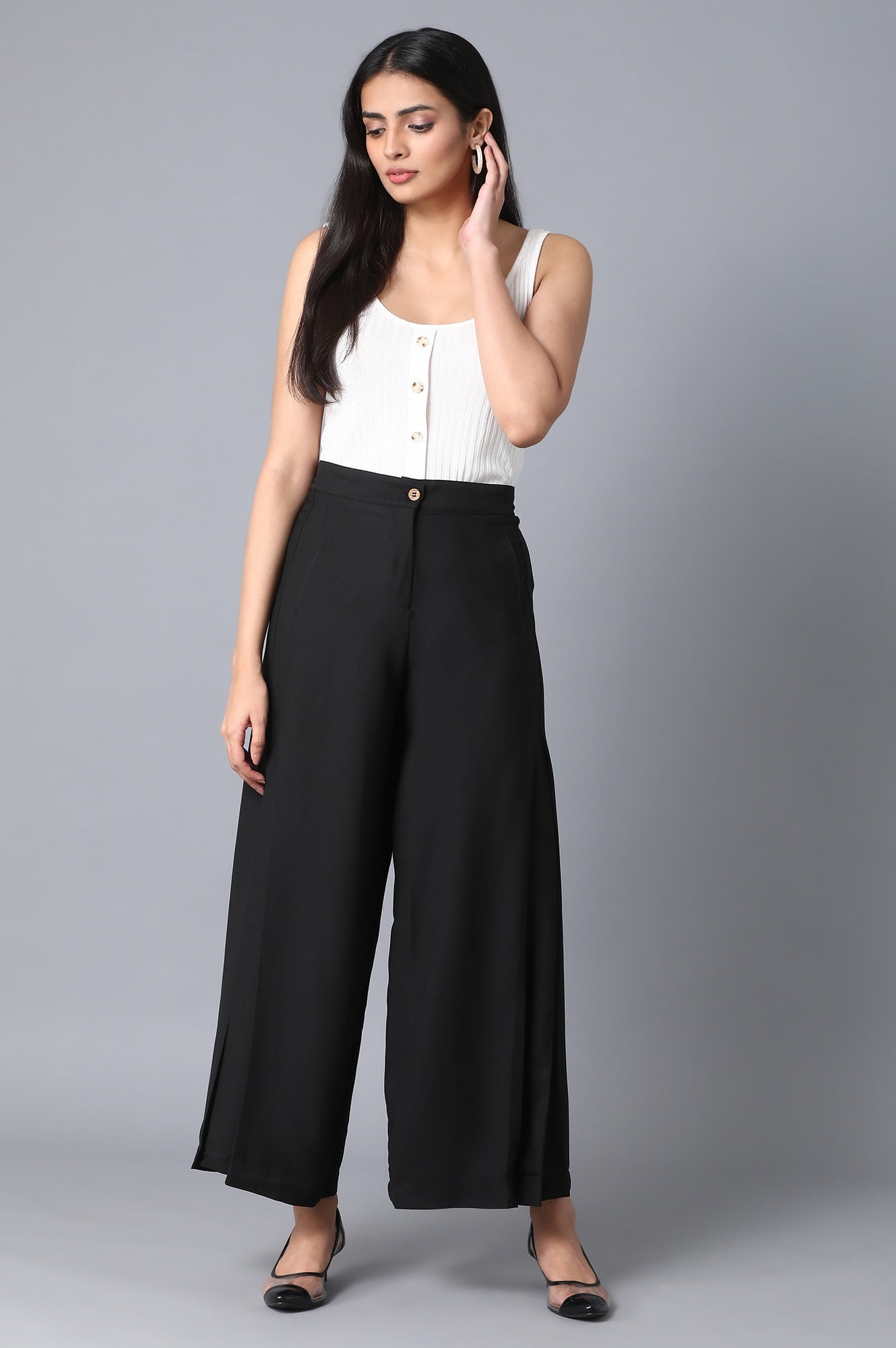 Black Solid Flared Woven Palazzo With Front Zip Closure